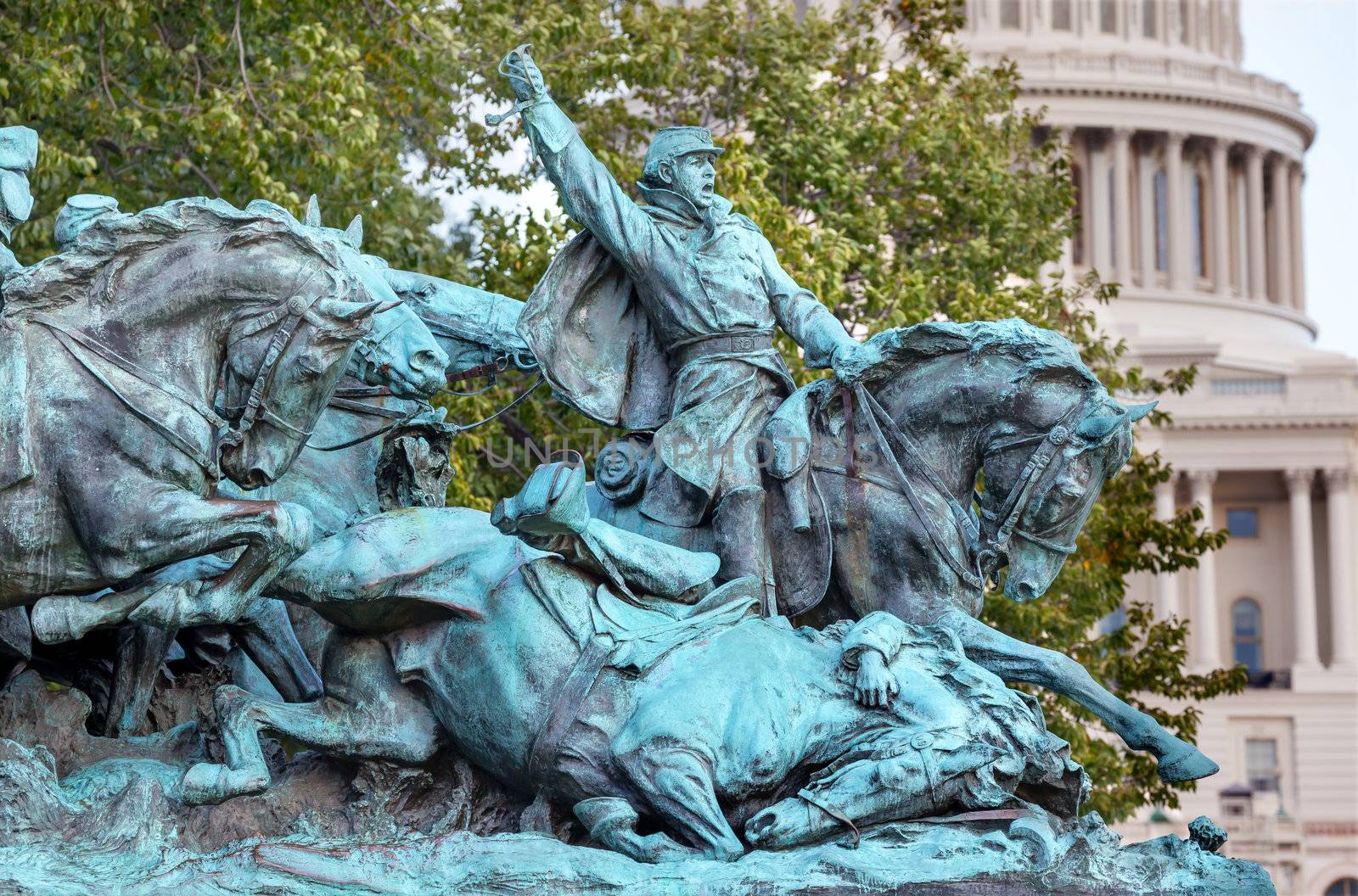 Calvary Chage Ulysses US Grant Equestrian Statue Civil War Memorial Capitol Hill Washington DC.  Created by Henry Shrady and dedicated in 1922.  Shrady used real horses as models for his statues.  Memorial in front of US Capitol Building.  