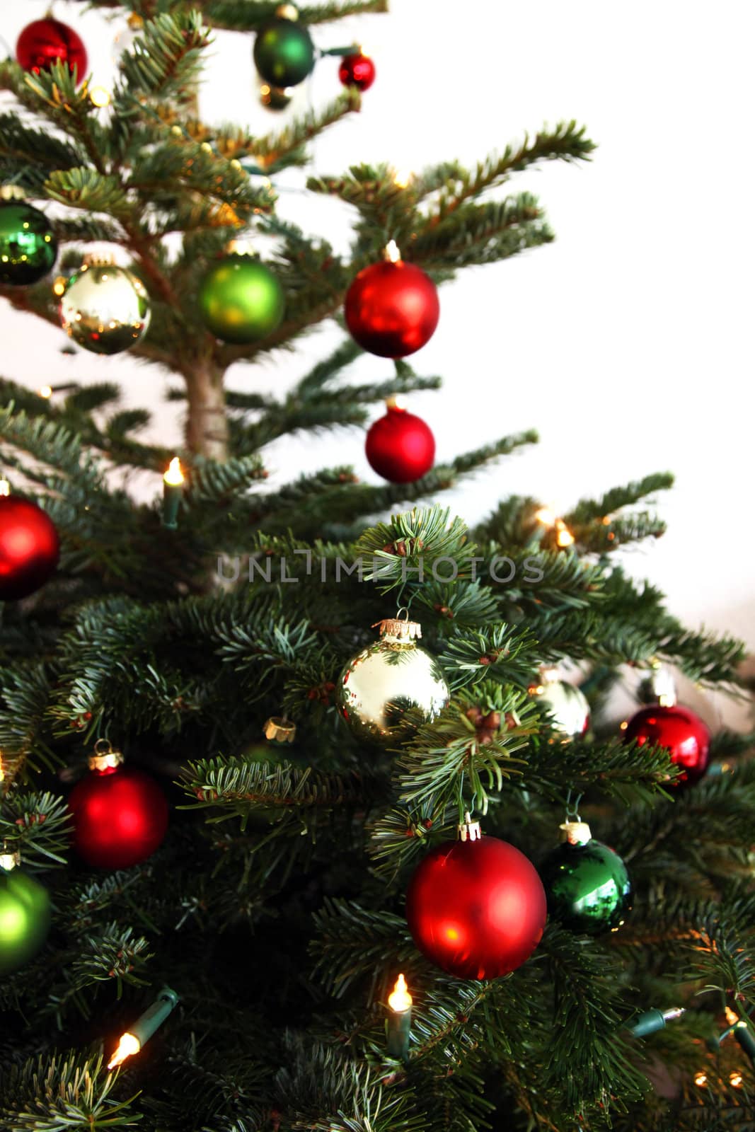 Christmas tree with red and green globes, close up