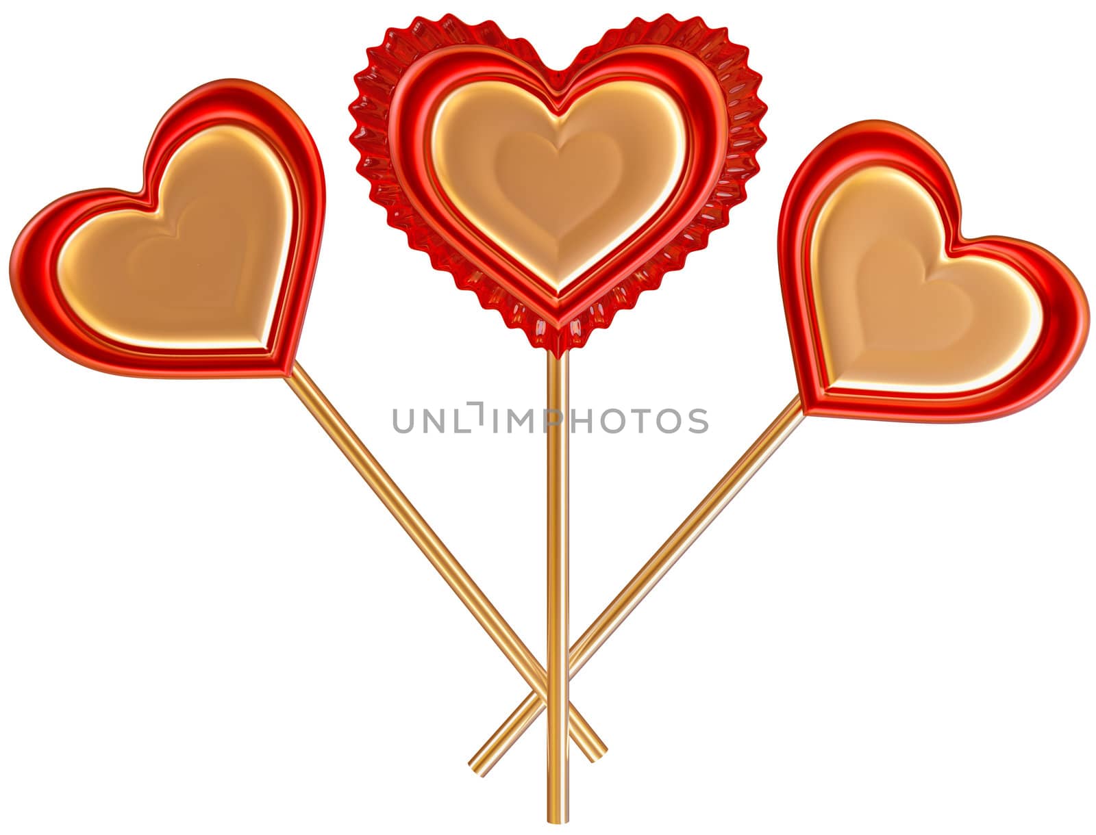 three golden and red lollipops on white background