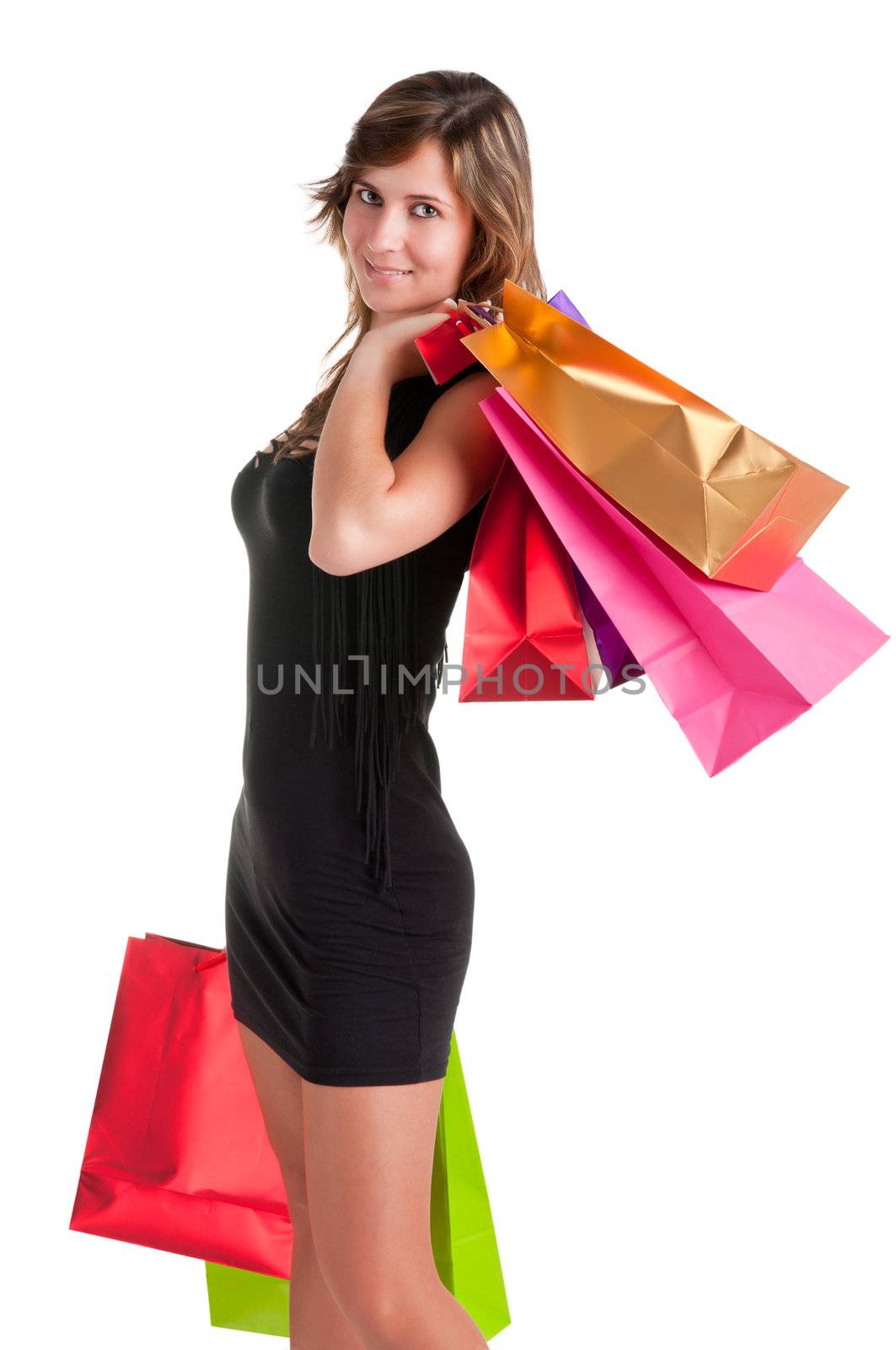 Woman Carrying Shopping Bags isolated in a white background