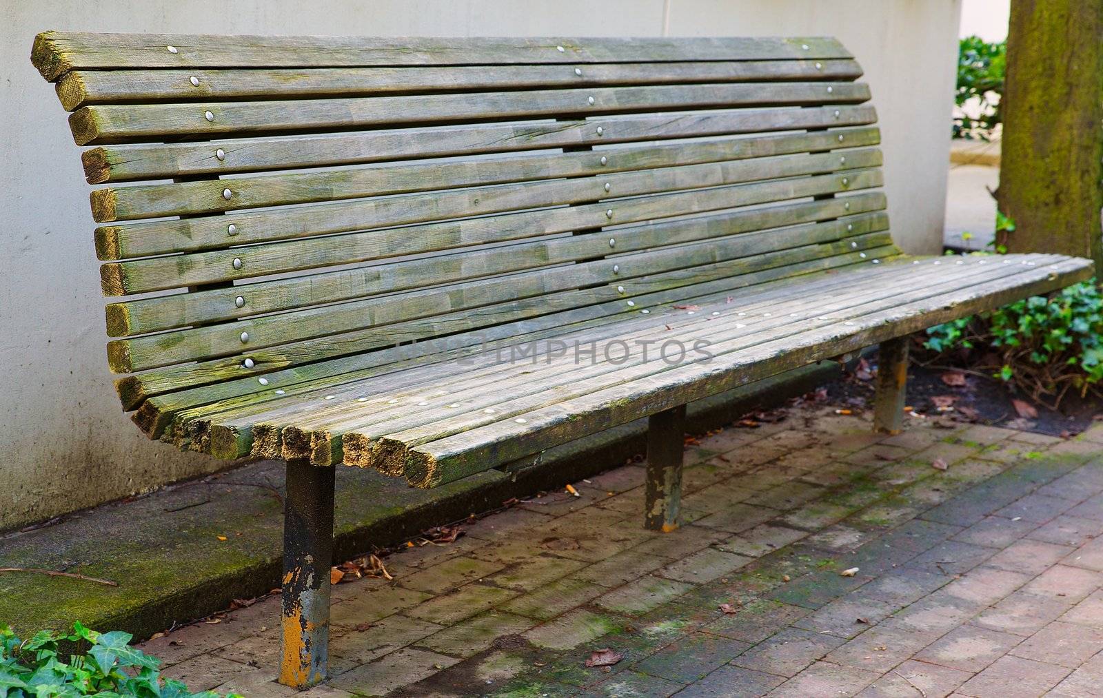 City Park Bench perspective against tan building wall