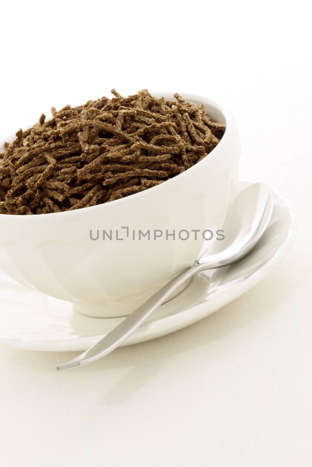 Delicious and nutritious cereal, high in bran, high in fiber, served in a beautiful  French Cafe au Lait Bowl with wide rims. In place of handles. This healthy bran cereal will be an aid to digestive health. 