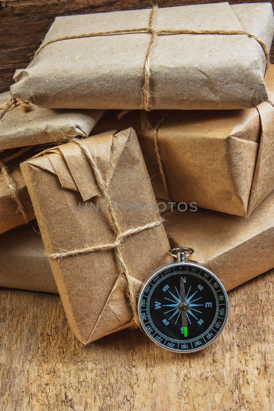 Postage on the background of an old wooden board