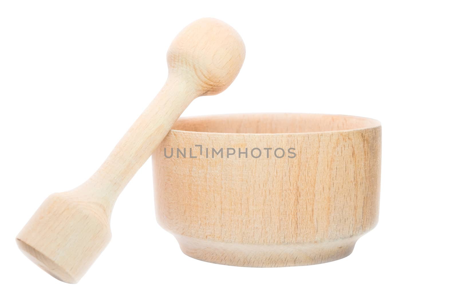 Wooden mortar with pestle Isolated on white background