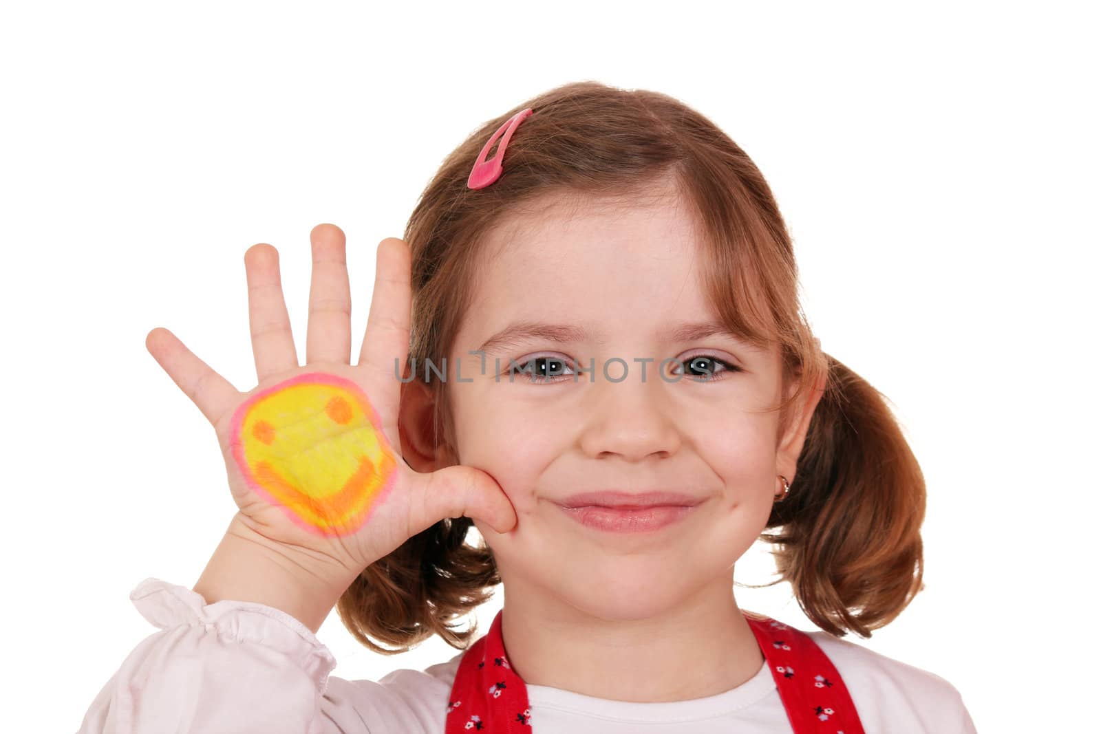 happy little girl with smiley on hand portrait