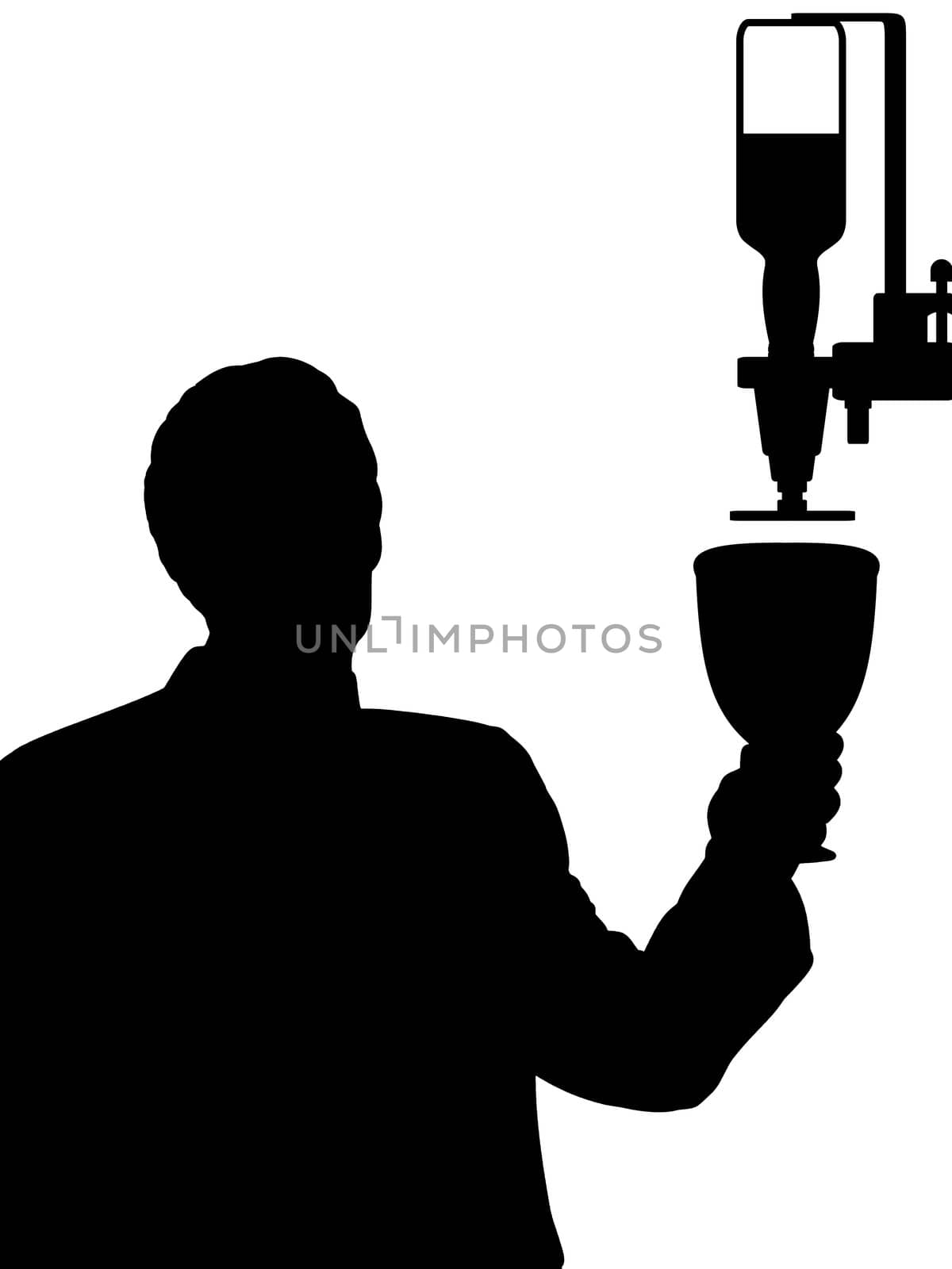 Illustration of a silhouette man holding a very large wine glass under a drinks optic