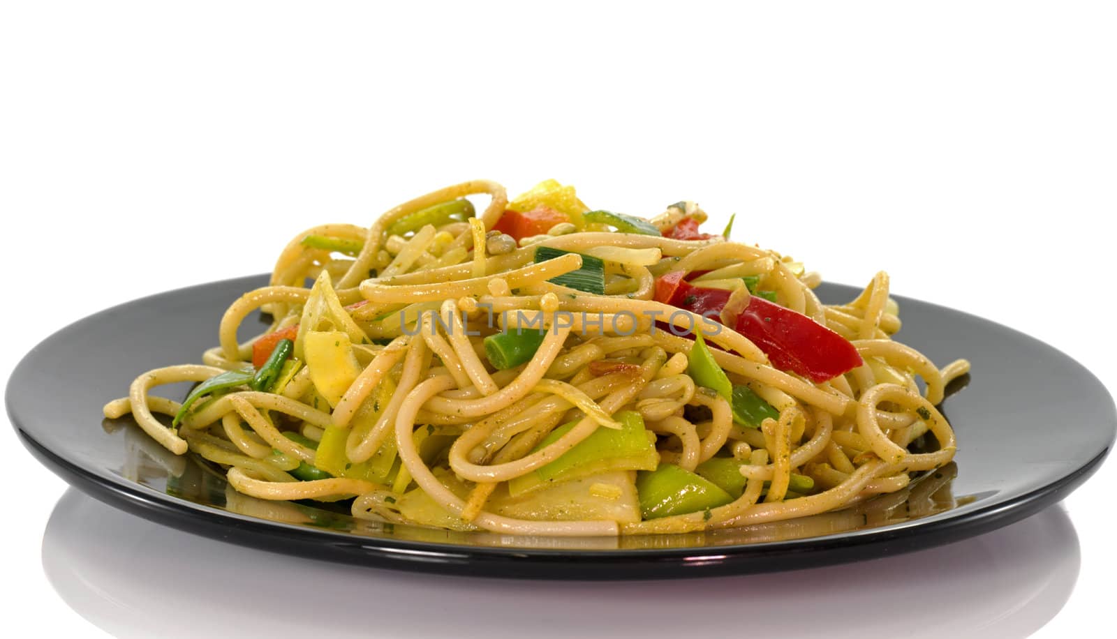 noodles and crackers asian dish on white background
