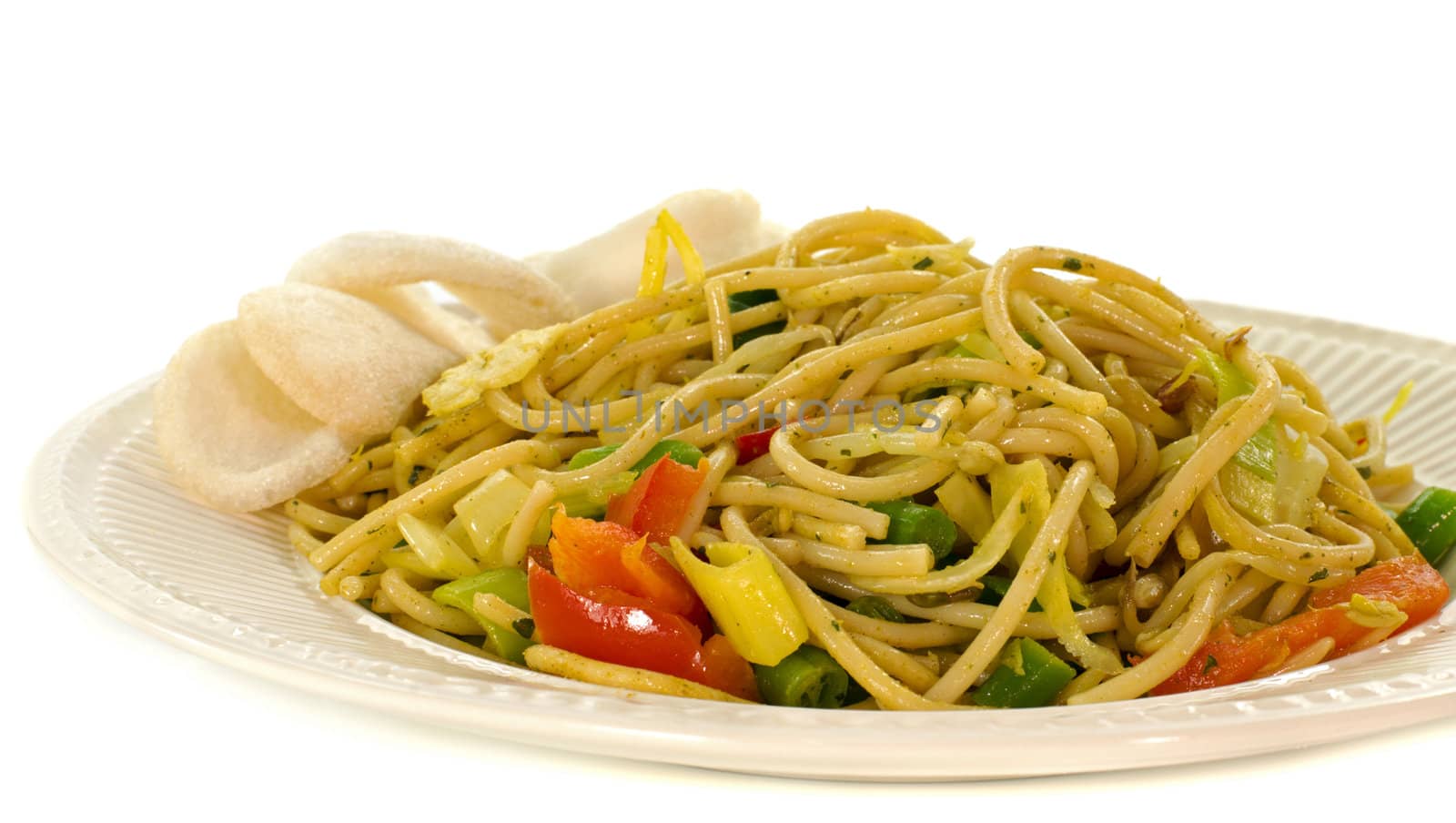 noodles and crackers asian dish on white background