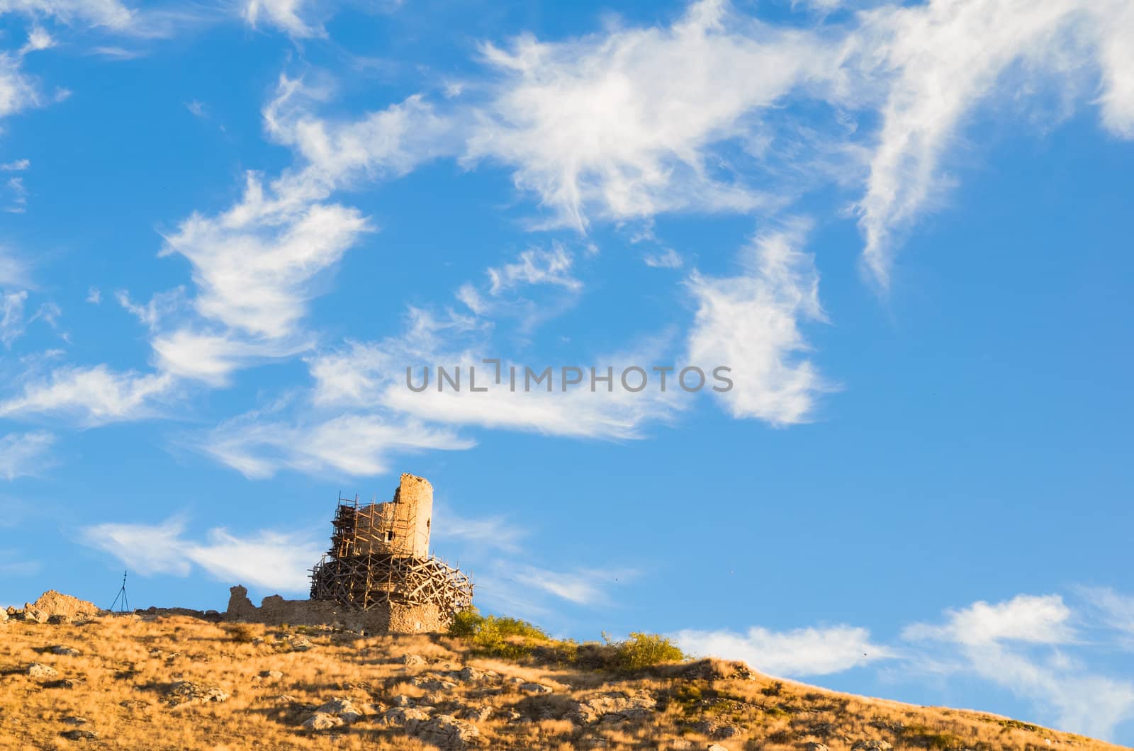 Blue sky and old fortress in Balaclava in summer