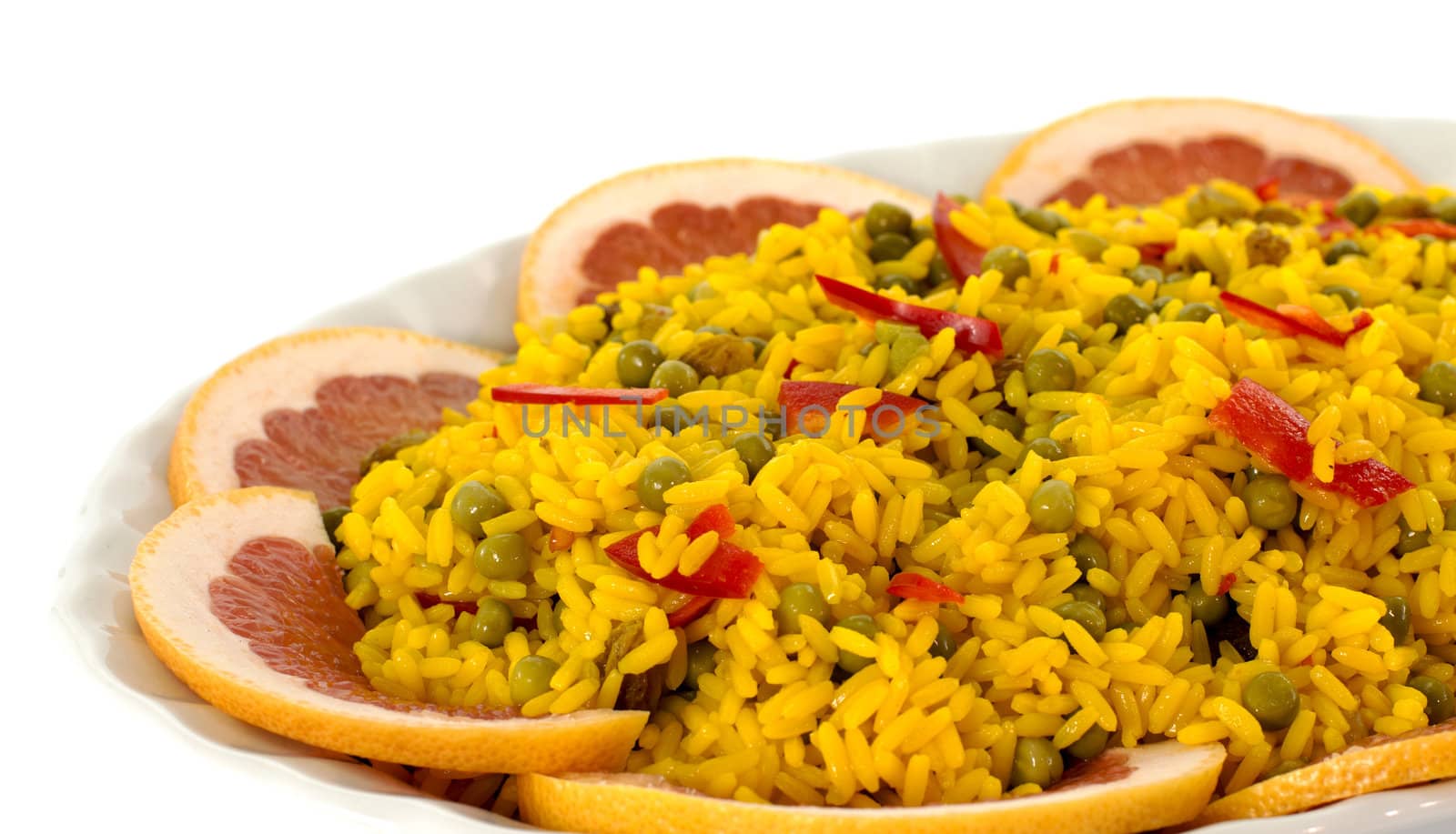 diner dish with yellow rice and red peppers