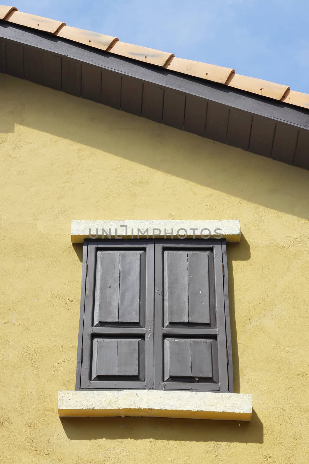 Old wooden window close on orange wall.