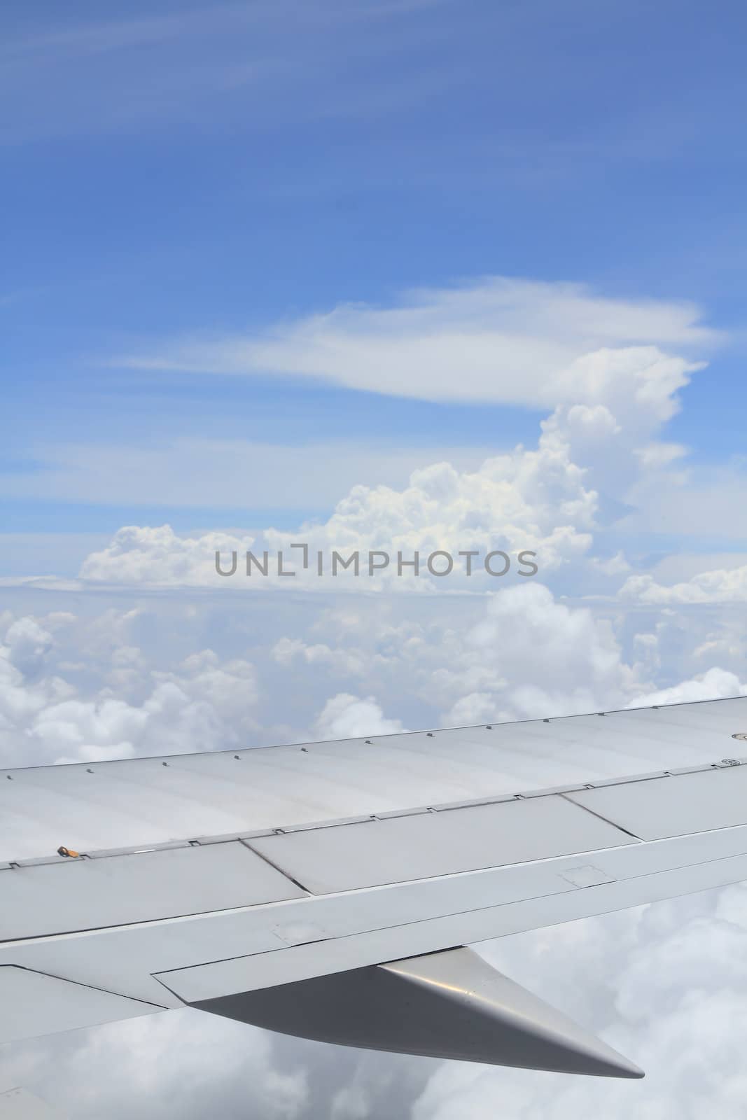 wing of the airplane under the clouds by rufous