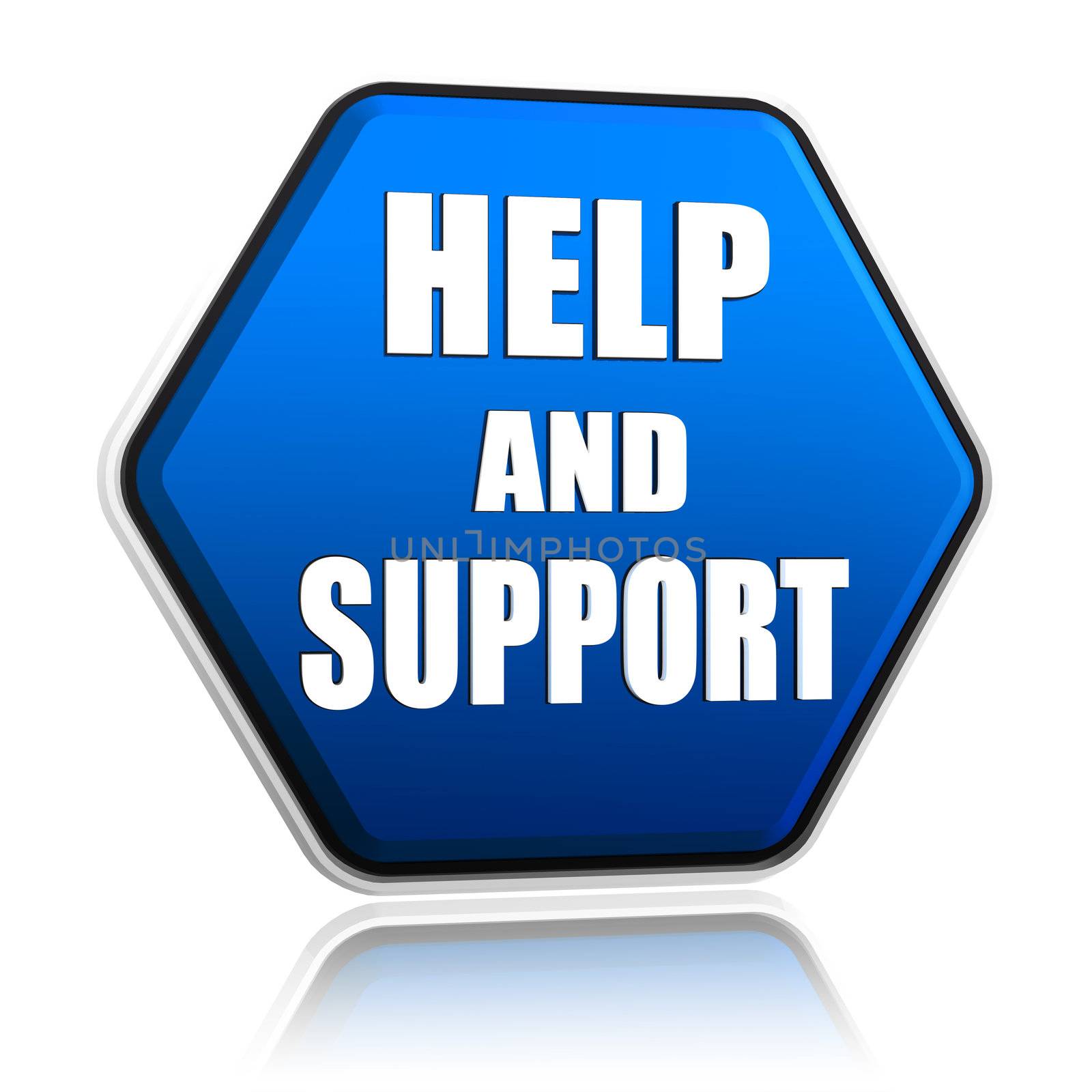 help and support - 3d blue hexagon button with text