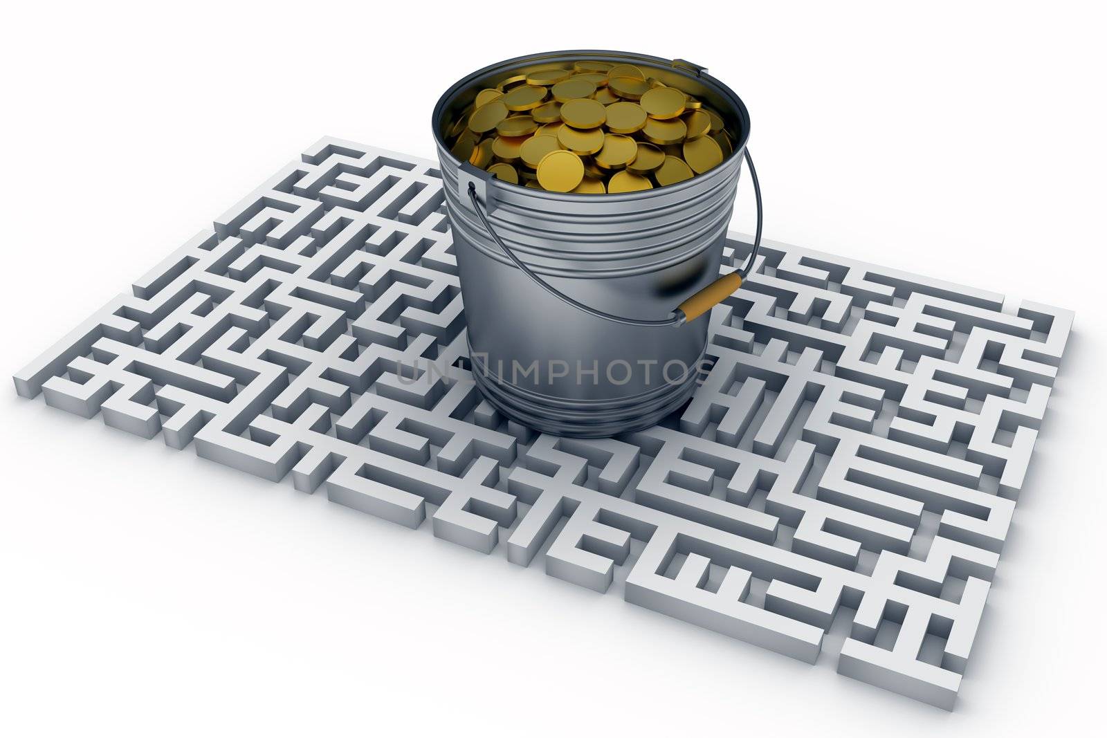 Coins in the bucket, treasure chest in center of labyrinth