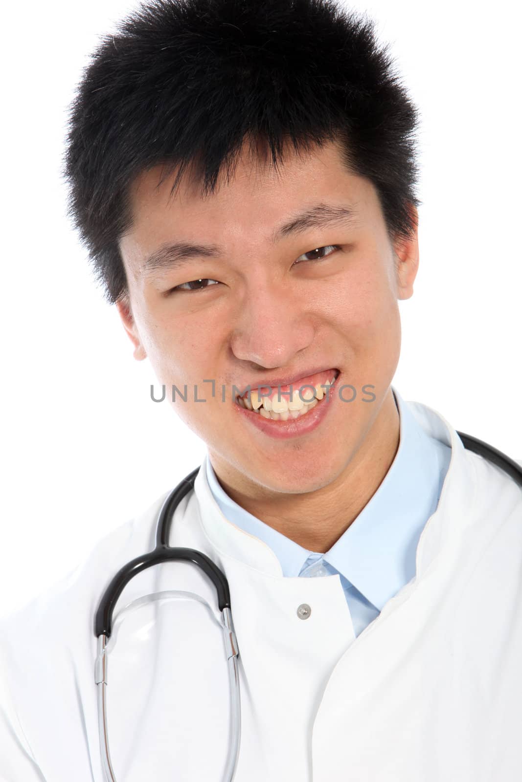 Happy young Asian doctor wearing a stethoscope, portrait