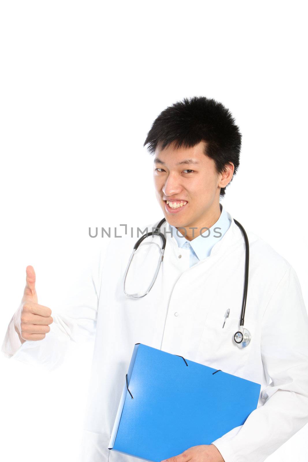 Asian young male doctor showing thumb up and holding a blue file