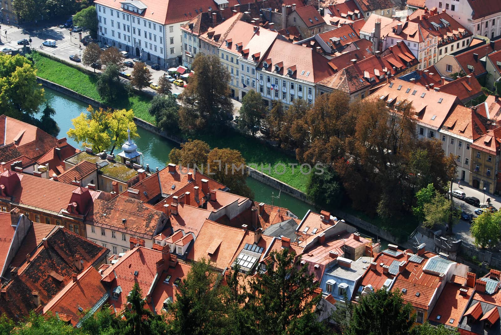 Old European town from above view, river