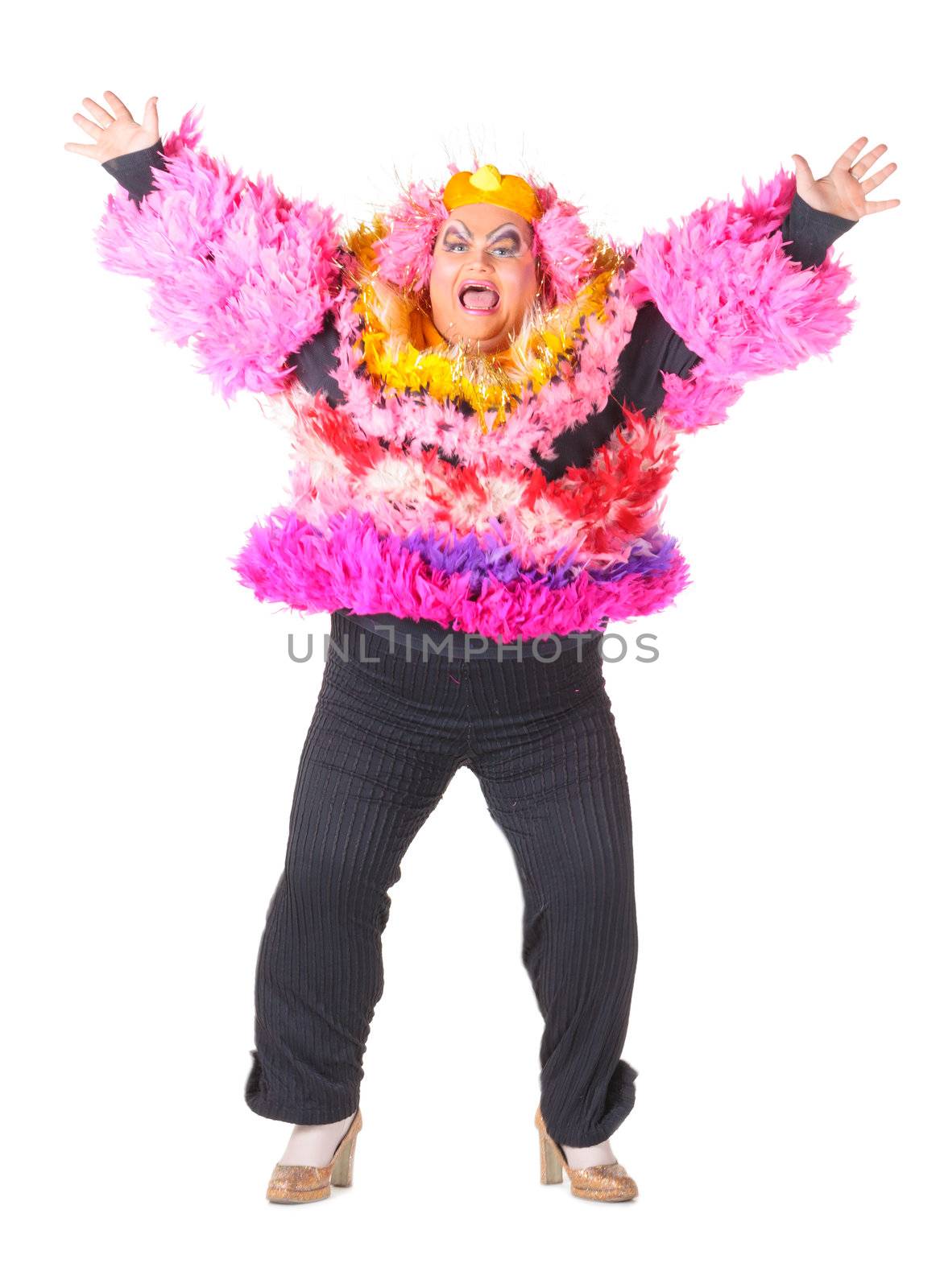 Cheerful man, Drag Queen, in a Female Suit, over white background