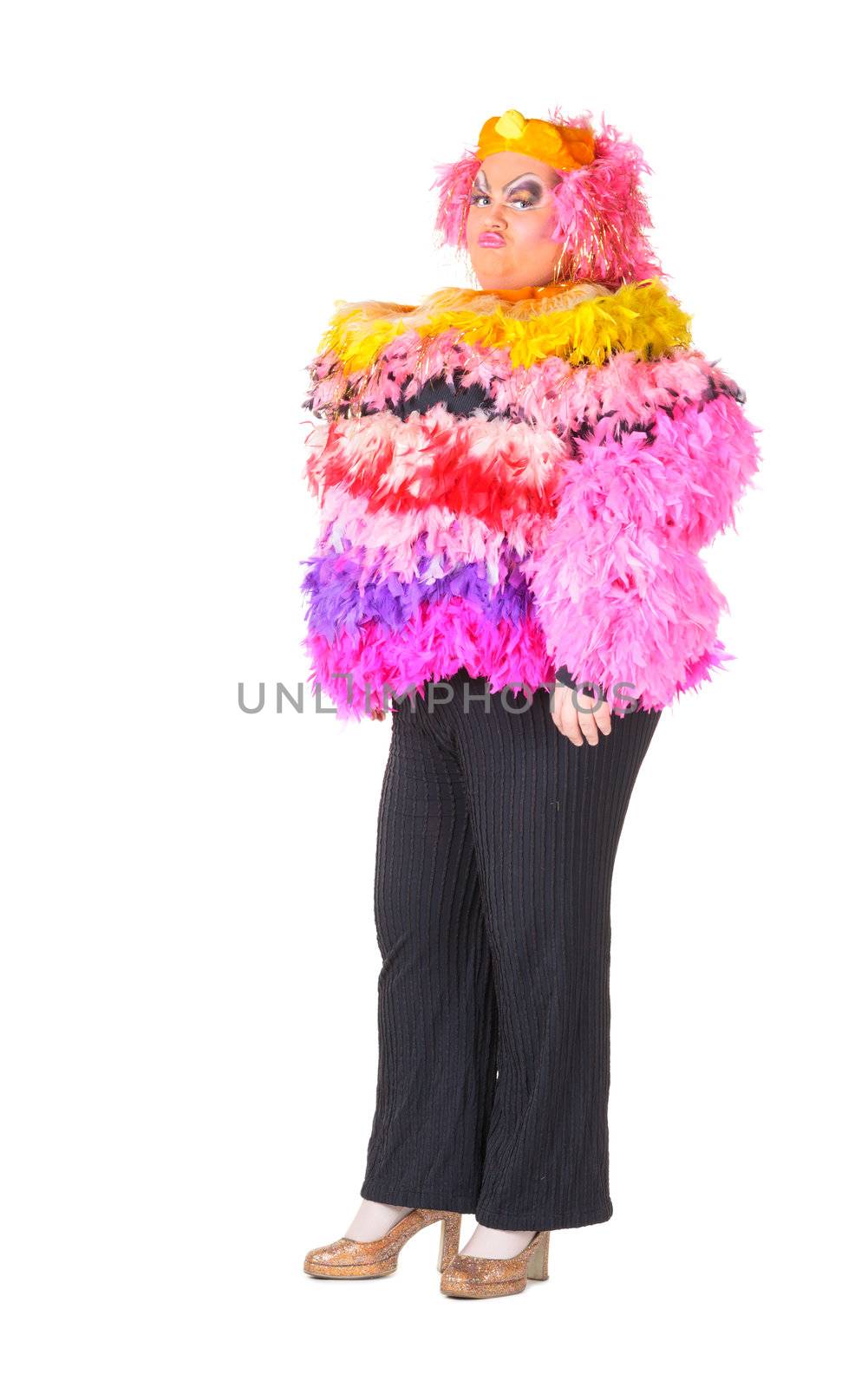 Cheerful man, Drag Queen, in a Female Suit, over white background