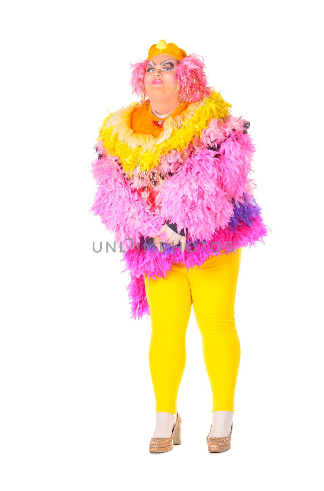 Cheerful man, Drag Queen, in a Female Suit, over white background