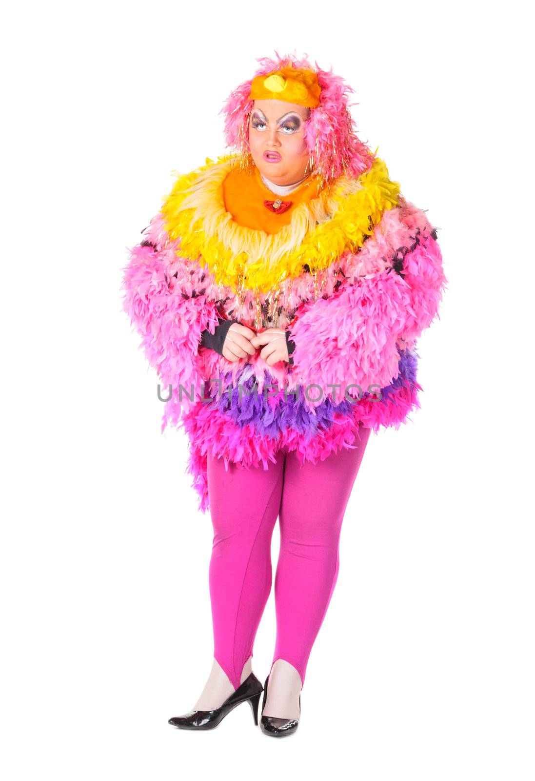 Cheerful man, Drag Queen, in a Female Suit, over white background