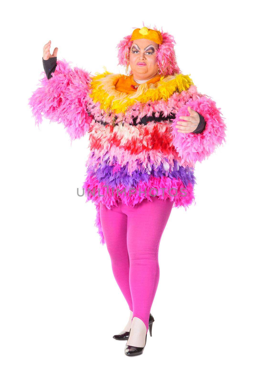 Cheerful man, Drag Queen, in a Female Suit, over white background