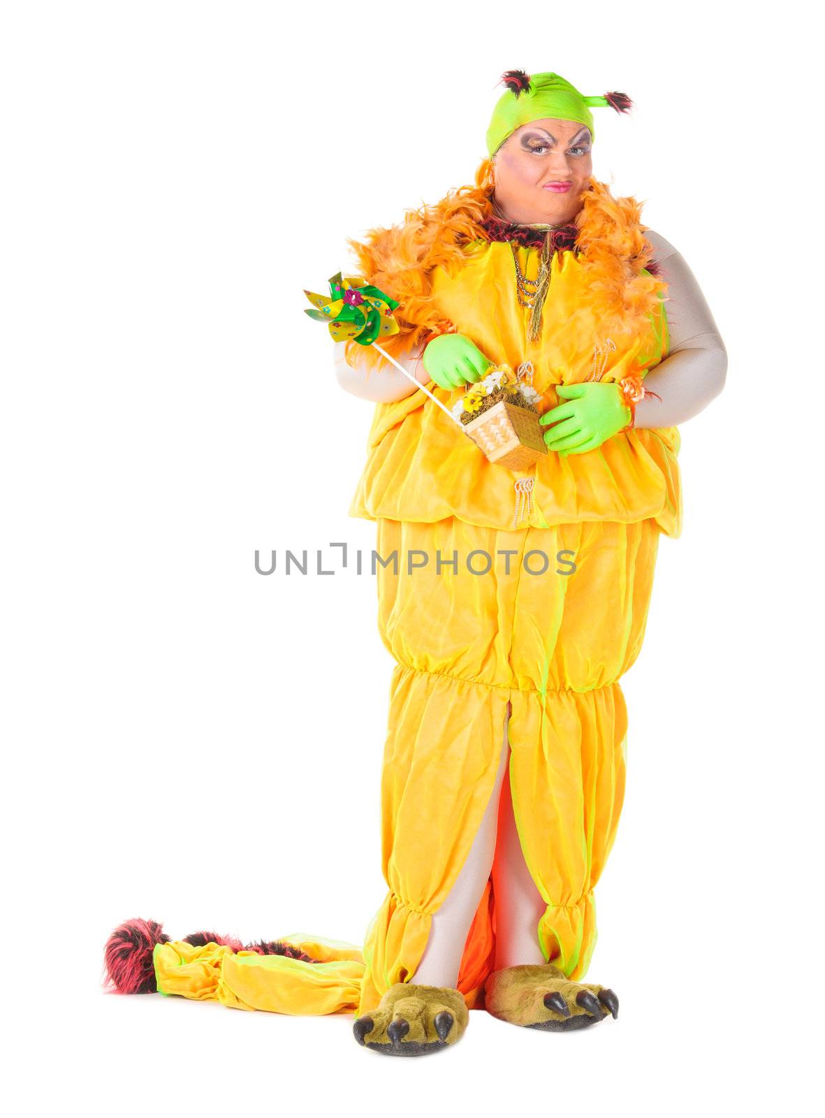 Cheerful man, Drag Queen, in a Female Suit, over white background