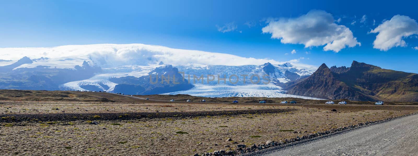 Panorama of the Vatnajokull Glacier Iceland. Shot during the summer this is the biggest glacier in Europe and is in the Skaftafell National Park.