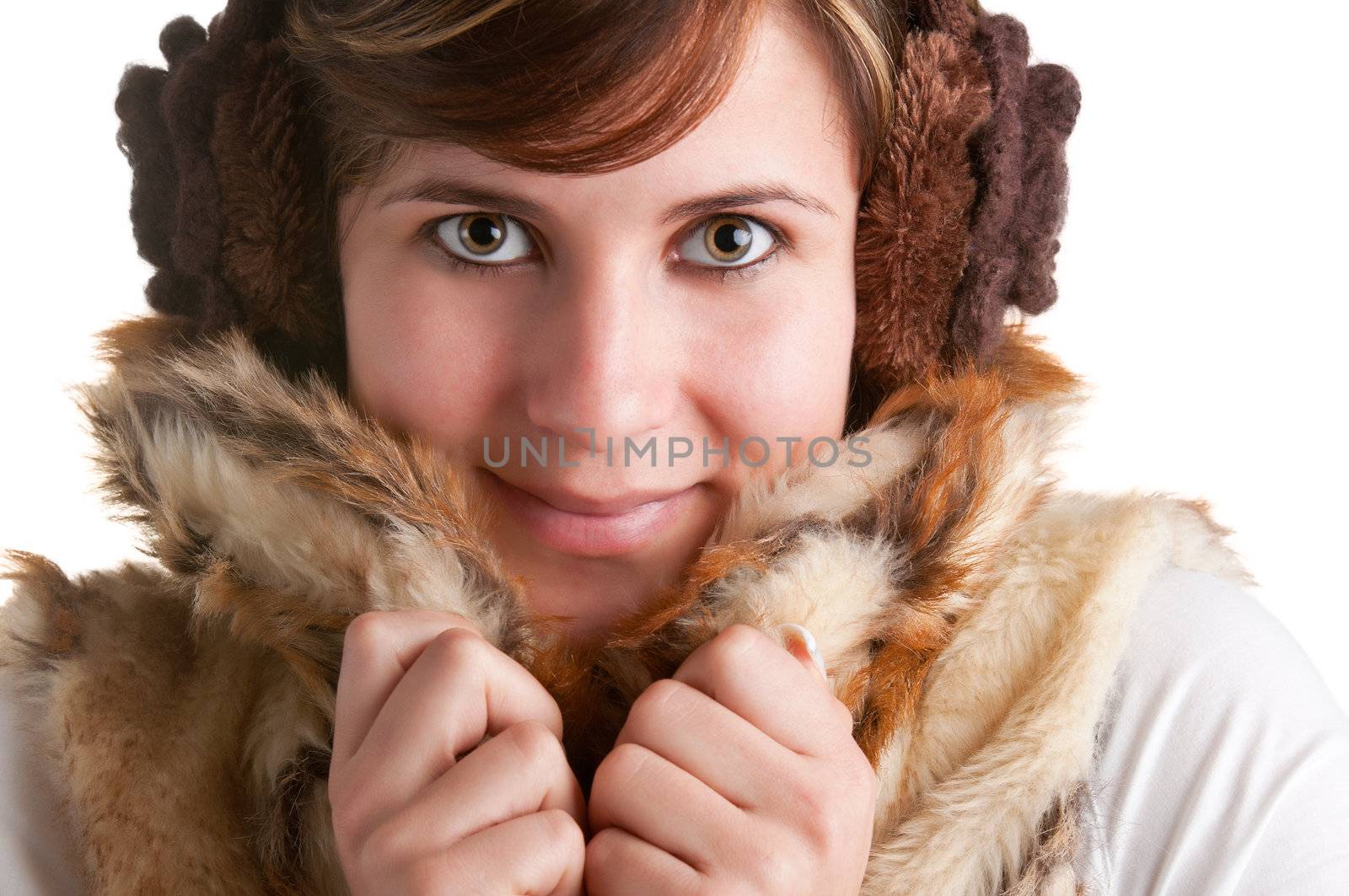 Cold Woman Snuggling in Warm Coat isolated in a white background