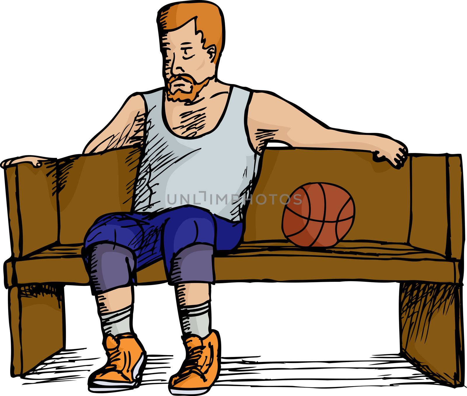 Mature heavyset basketball player sitting on bench over white background