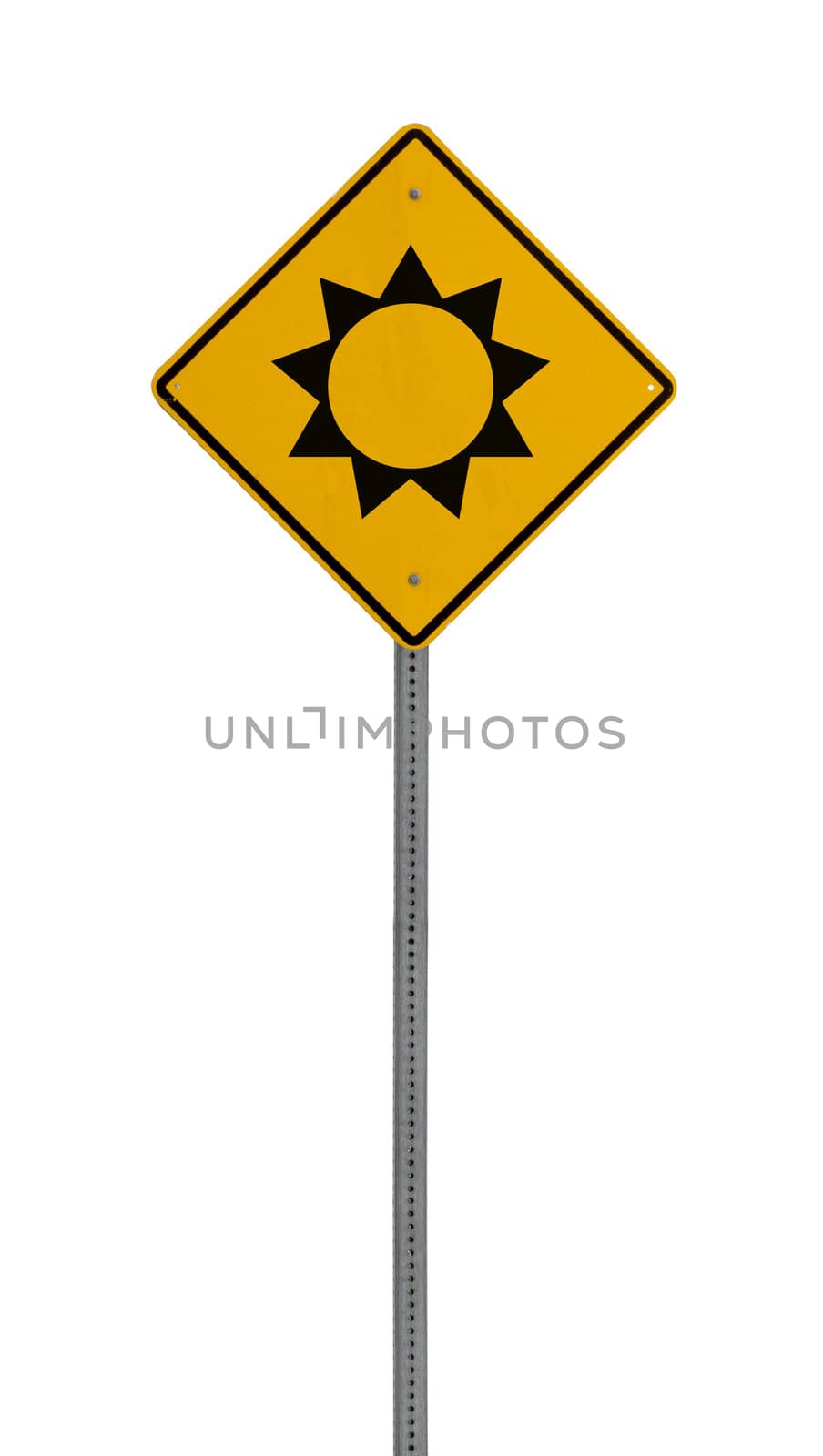 Isolated Yellow driving warning sign sun by jeremywhat