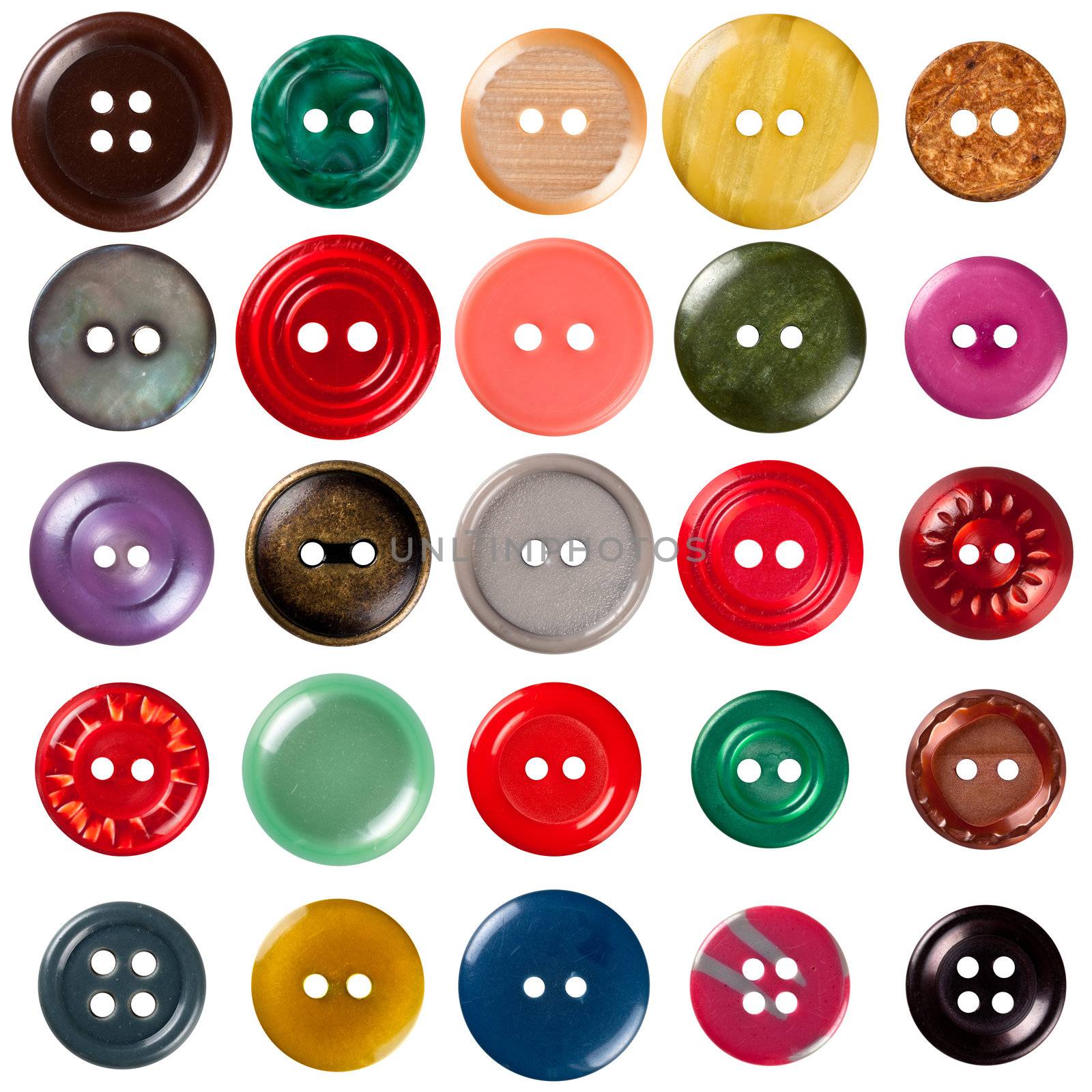 Sewing buttons collection isolated on white background. Each one is shot separately