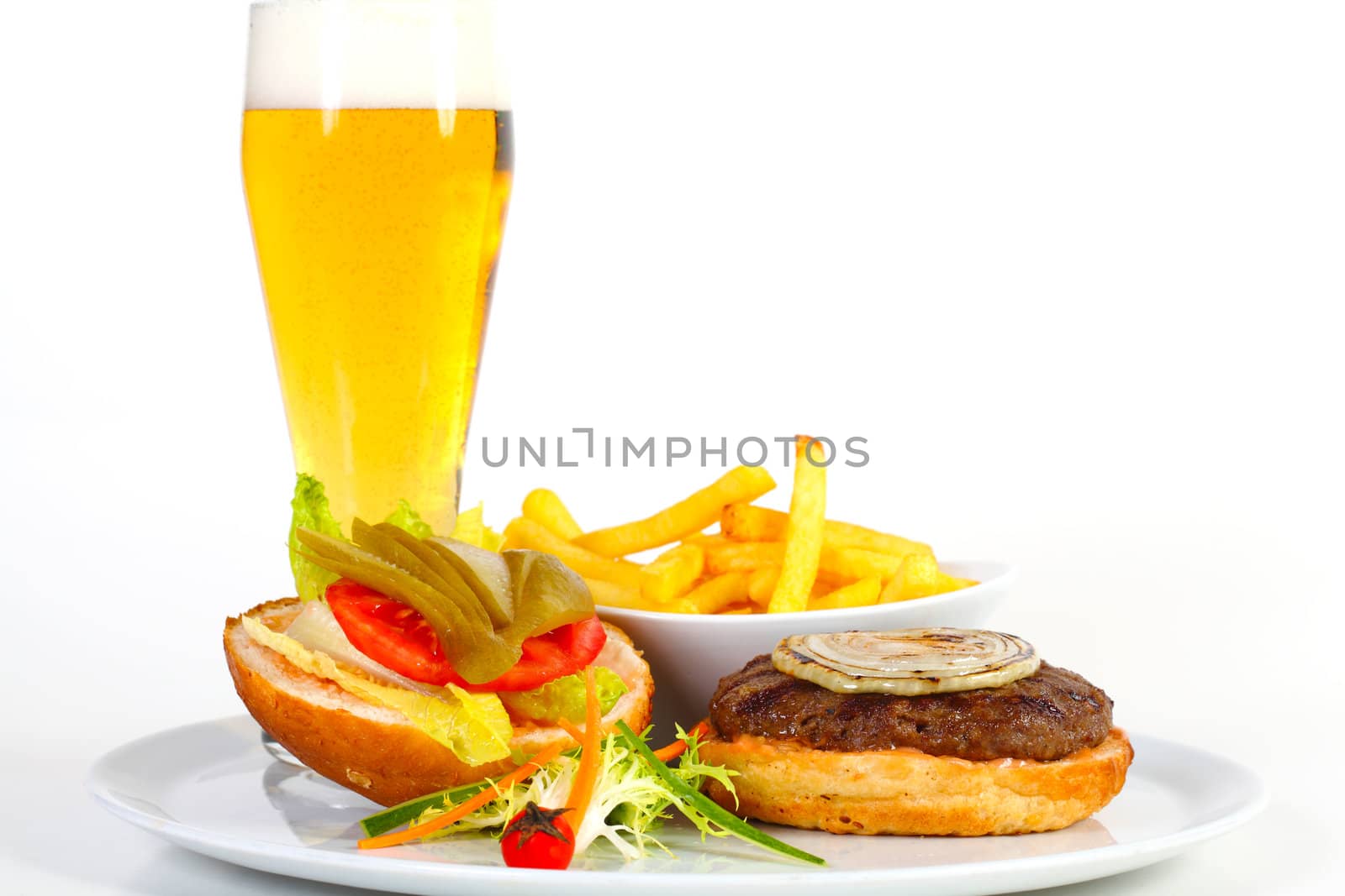 Open hamburger with beer and french fries