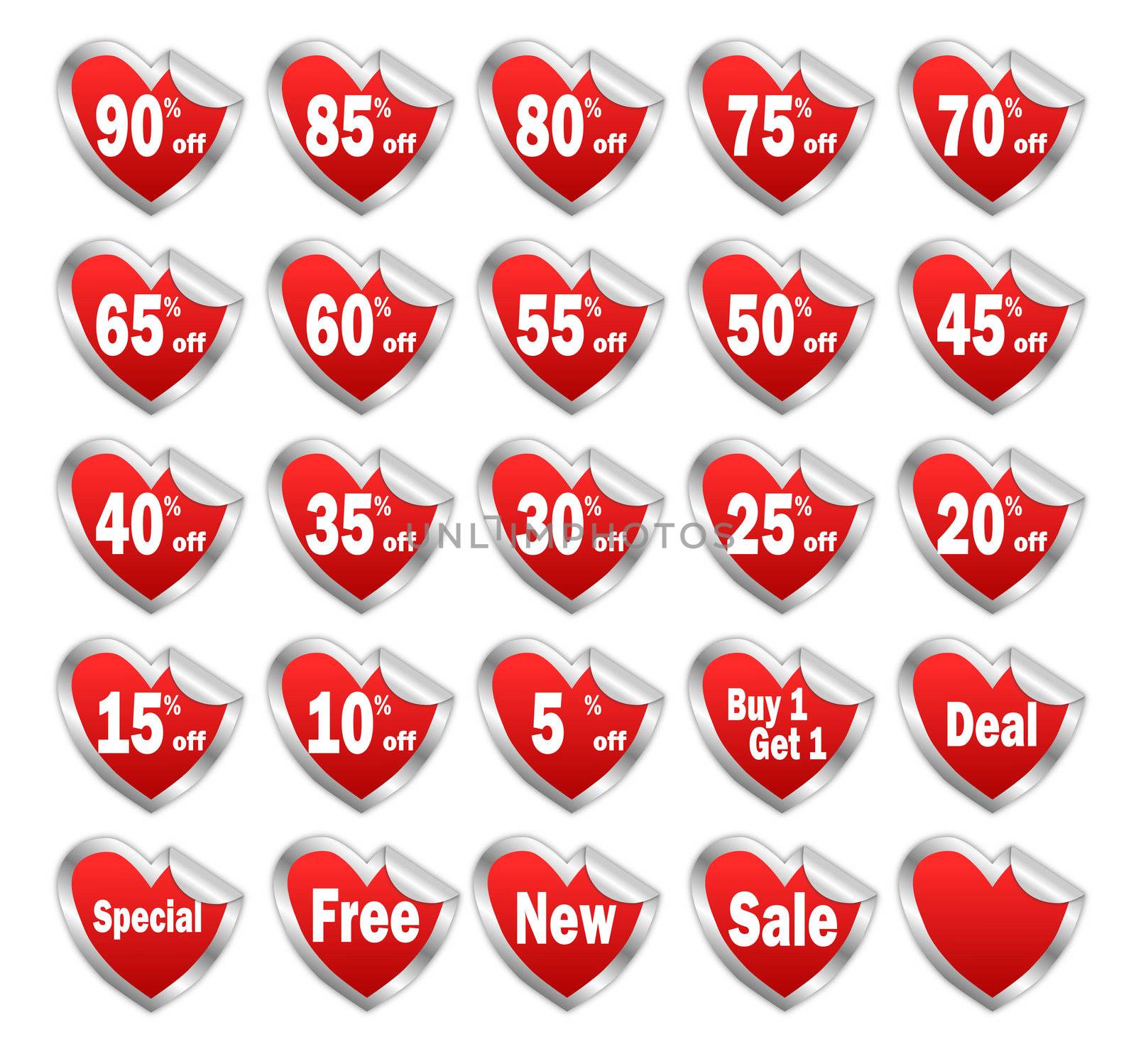 Heart shaped red discount stickers with silver borders for valentine day sale