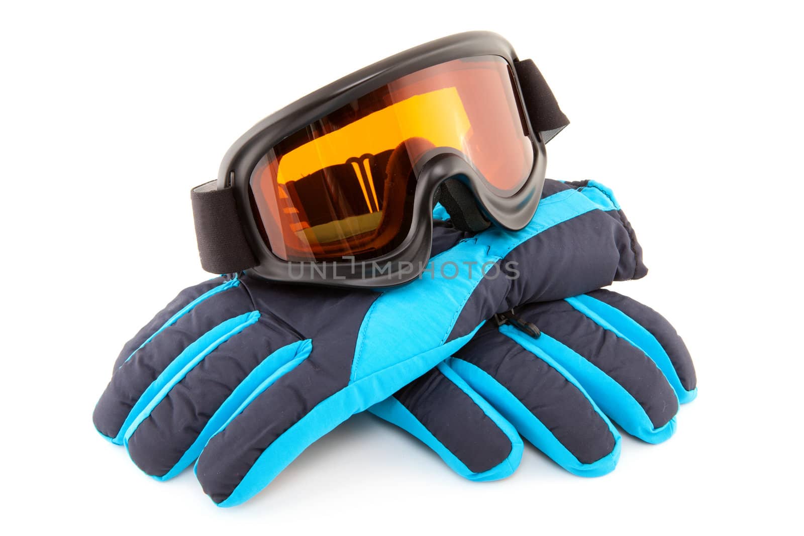 ski goggles and gloves isolated on white background