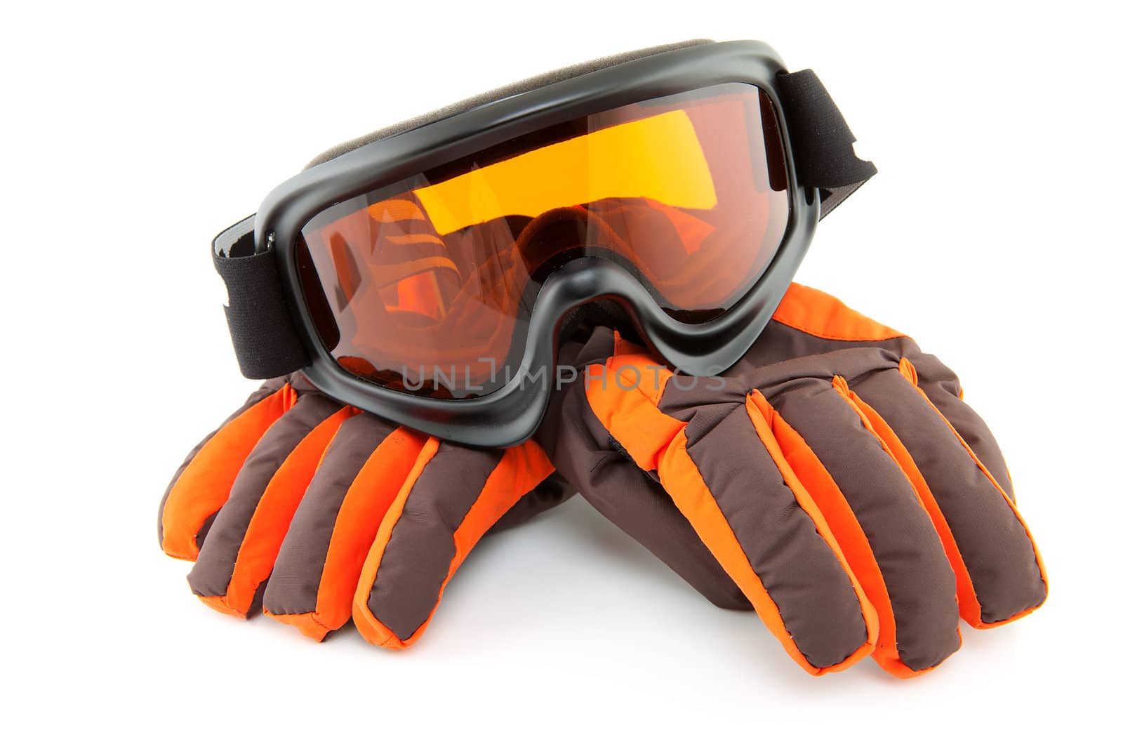 ski goggles and gloves isolated on white background
