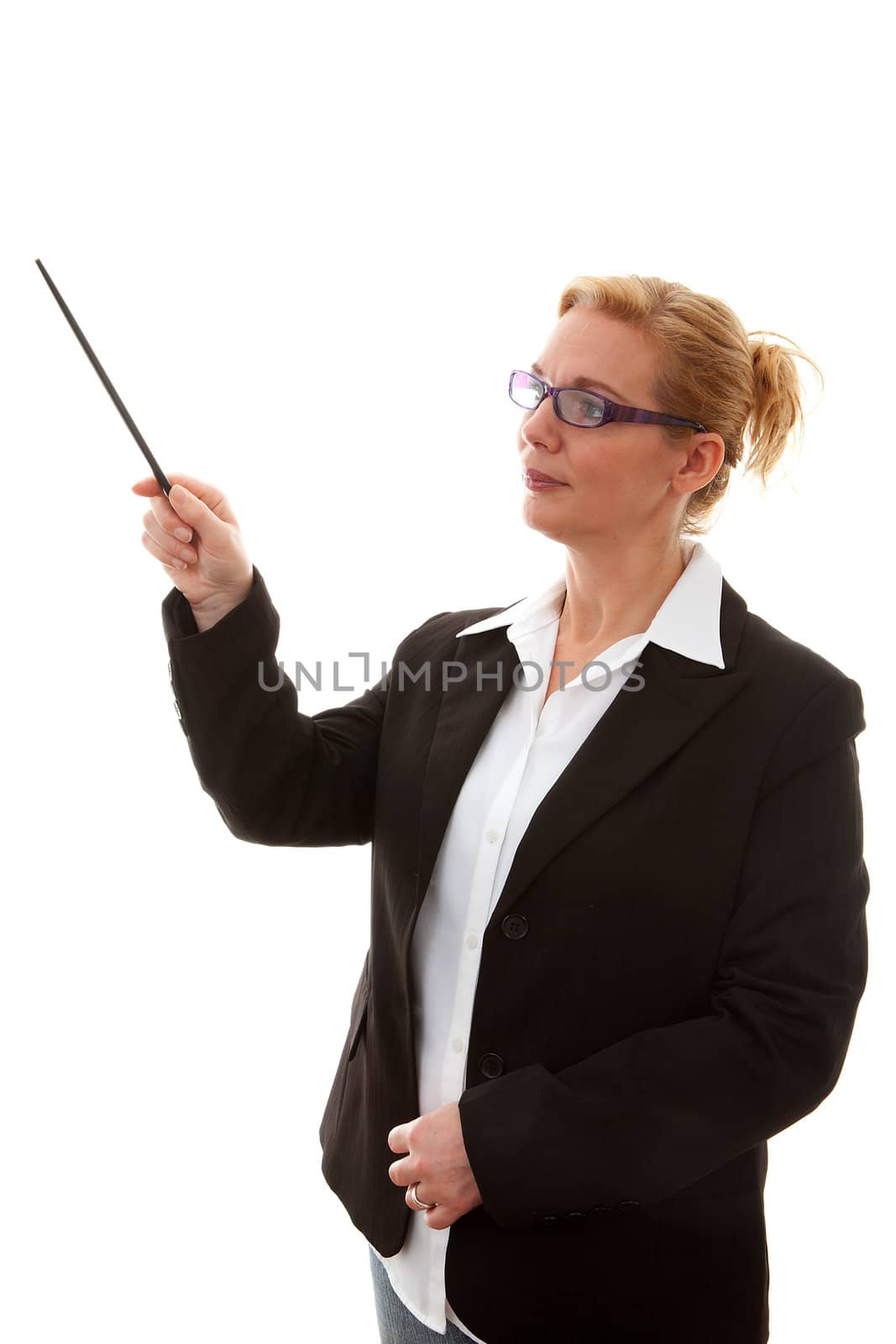 business woman points tot something with stick over white background