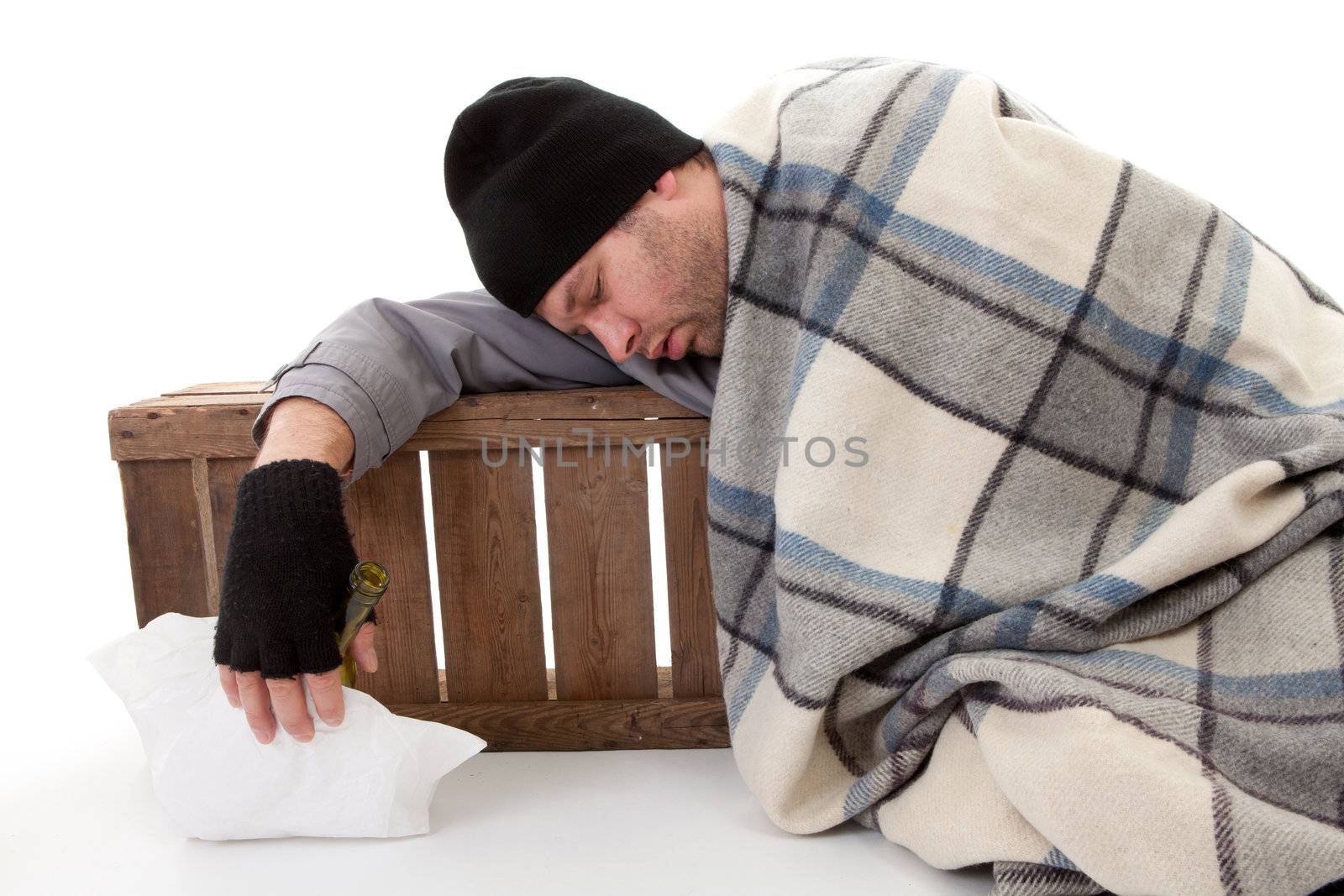 homeless beggar asleep over white background