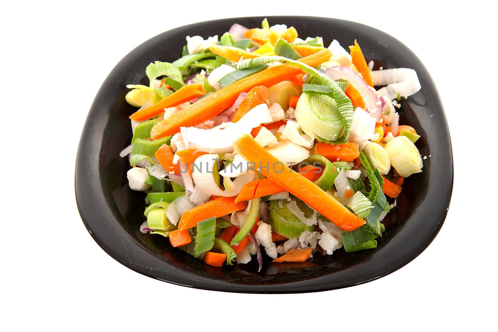 plate with al kinds of vegetables over white background