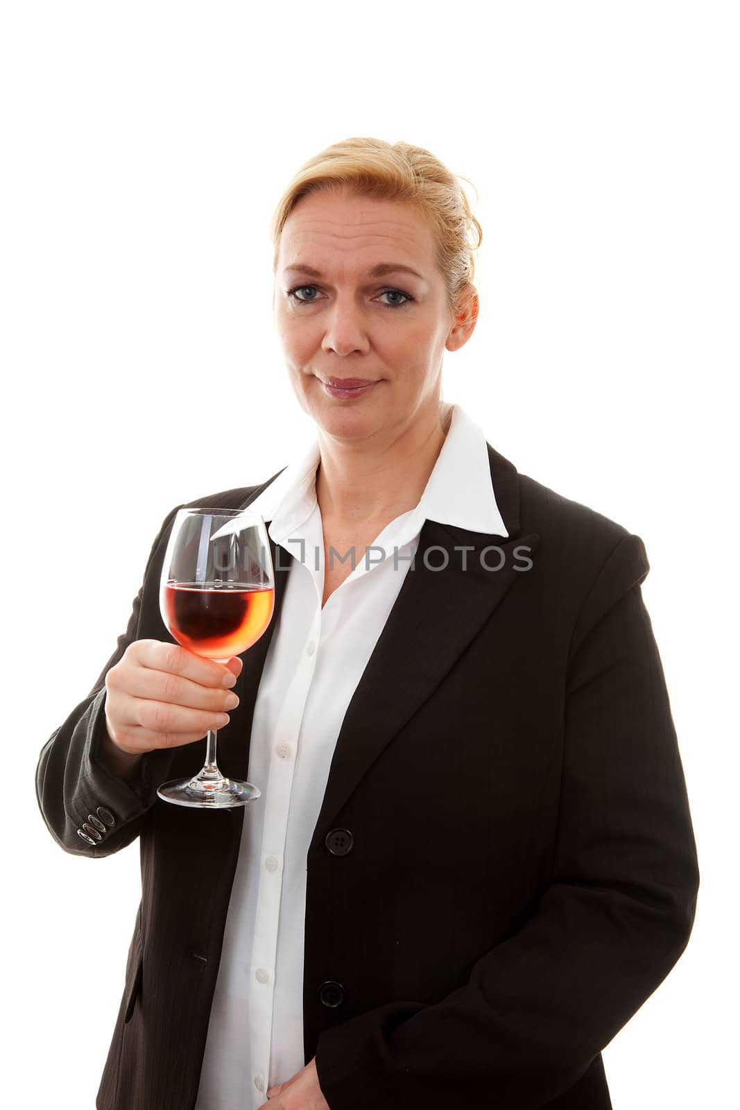 Businesswoman with glass of wine over white background