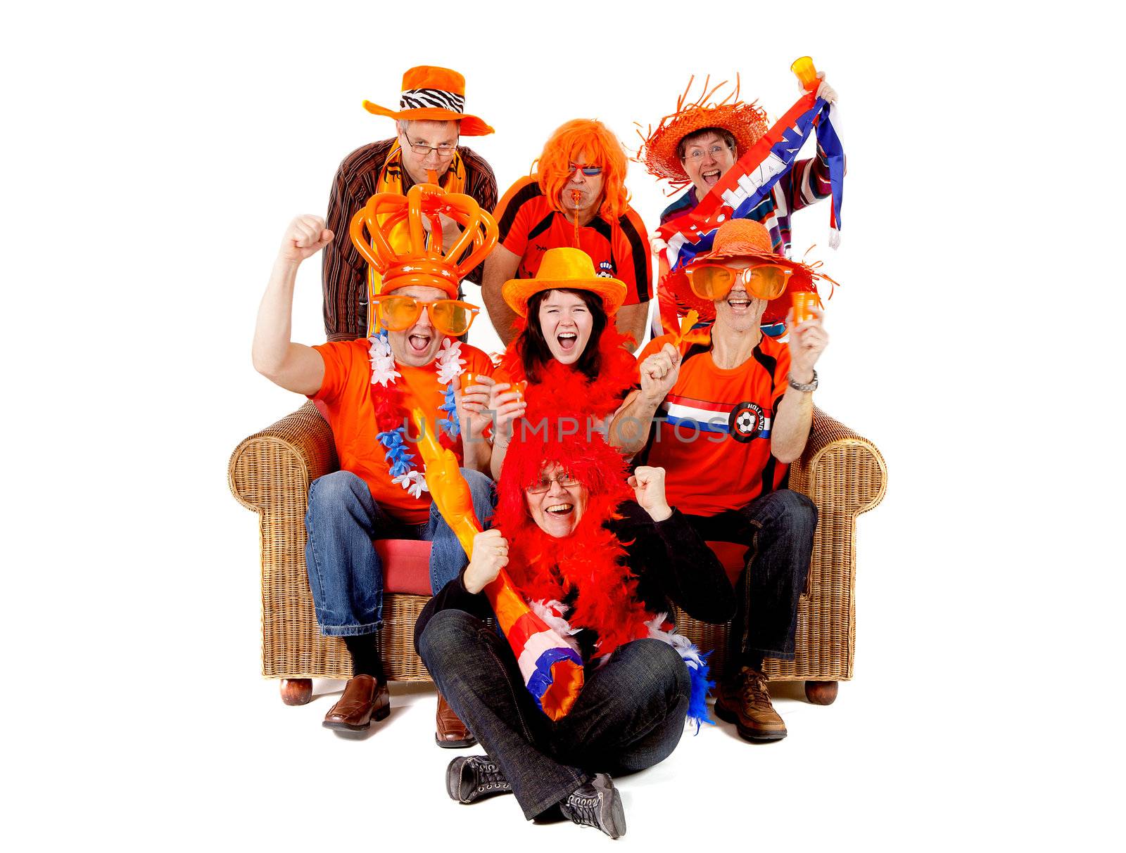 Group of Dutch soccer fan watching game over white background