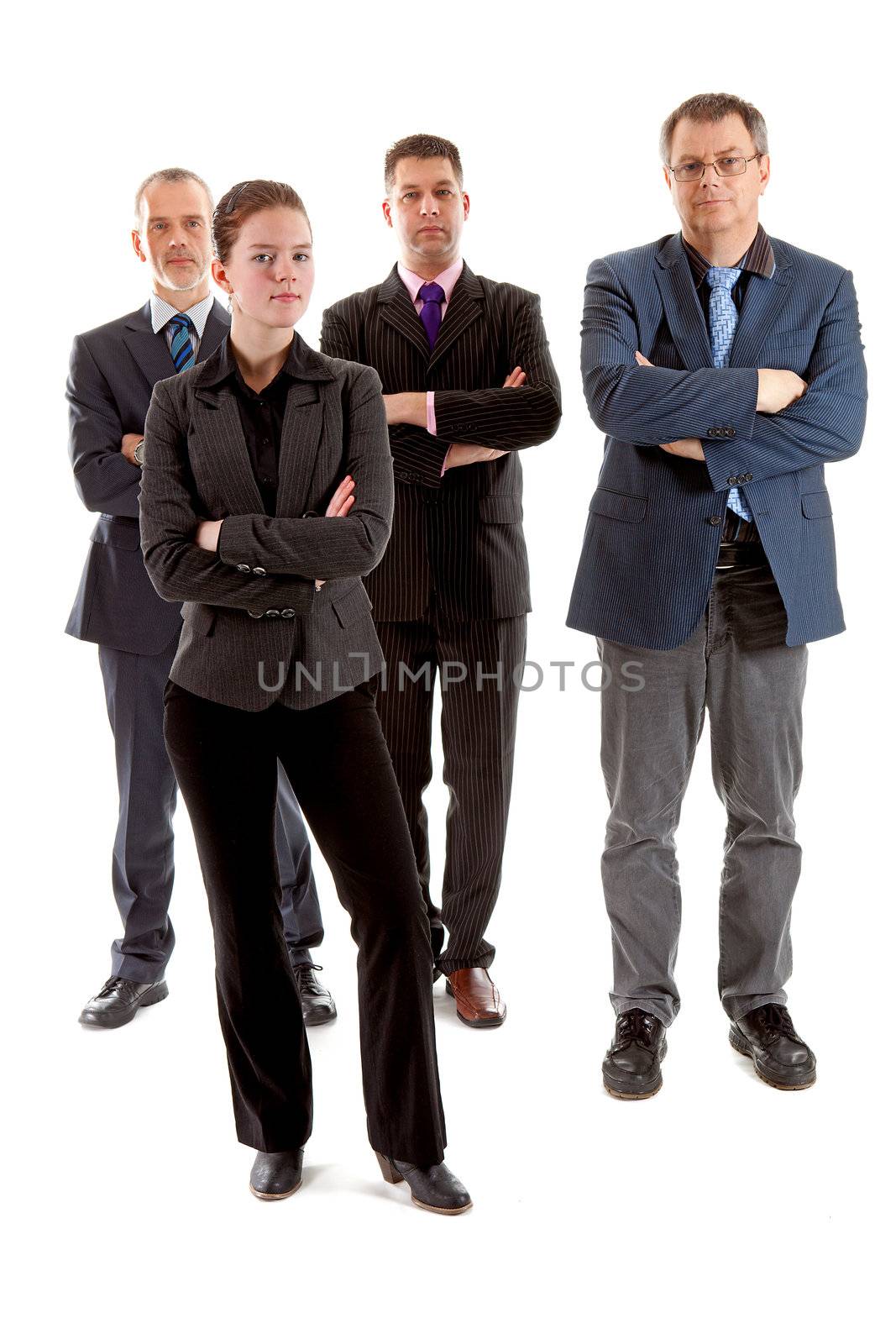 Four business people, one young woman and three older men, with arms crossed over white background