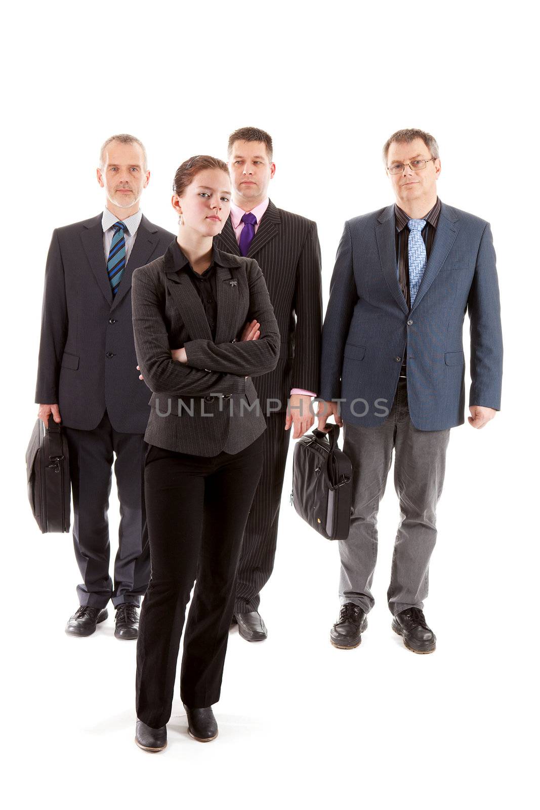 Four business people, one young woman and three older men over white background