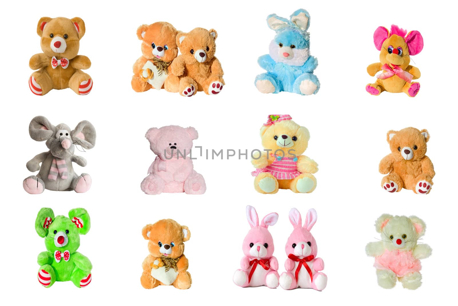 Collage of pictures of soft toys close-up.