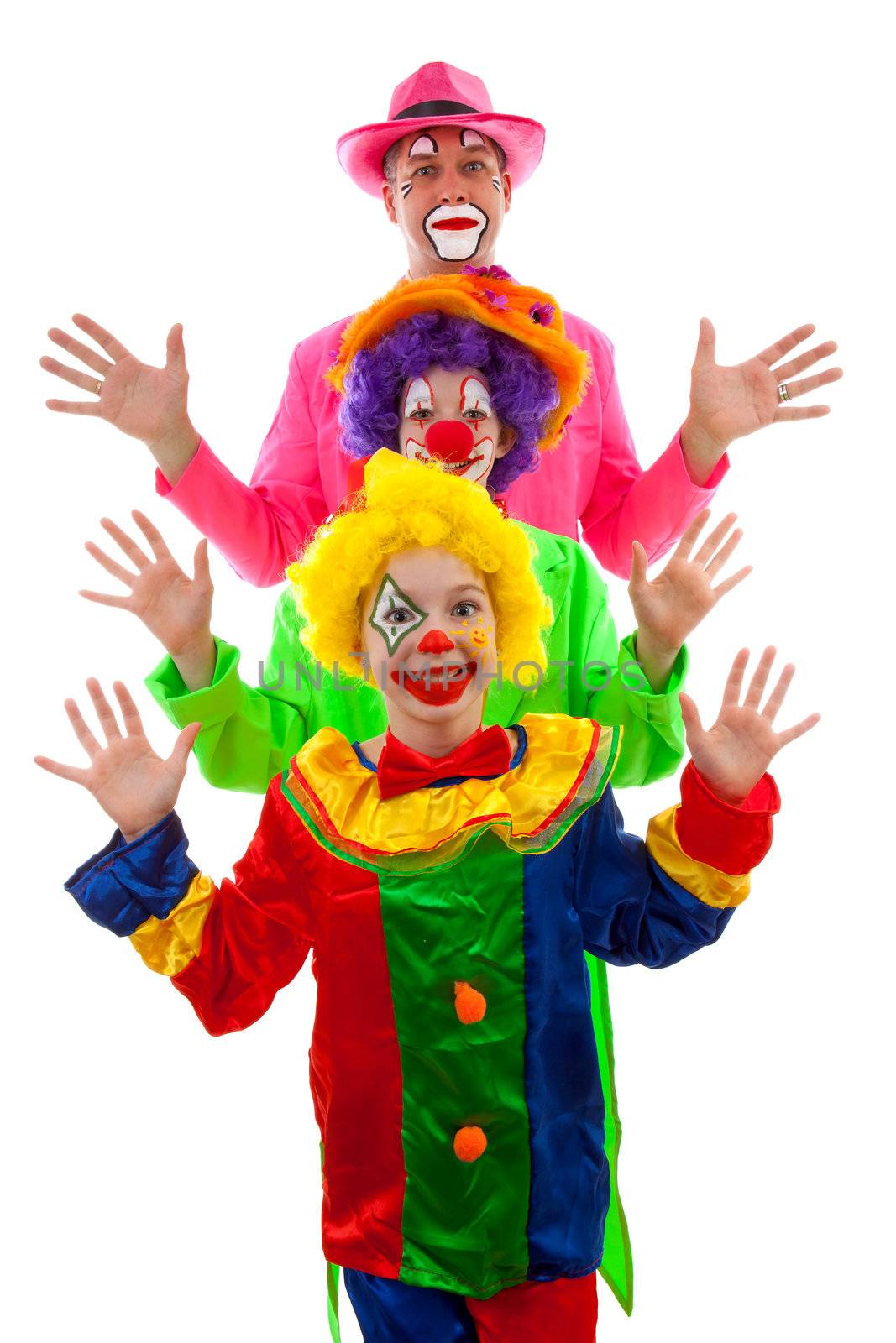 Three people dressed up as colorful funny clown by sannie32