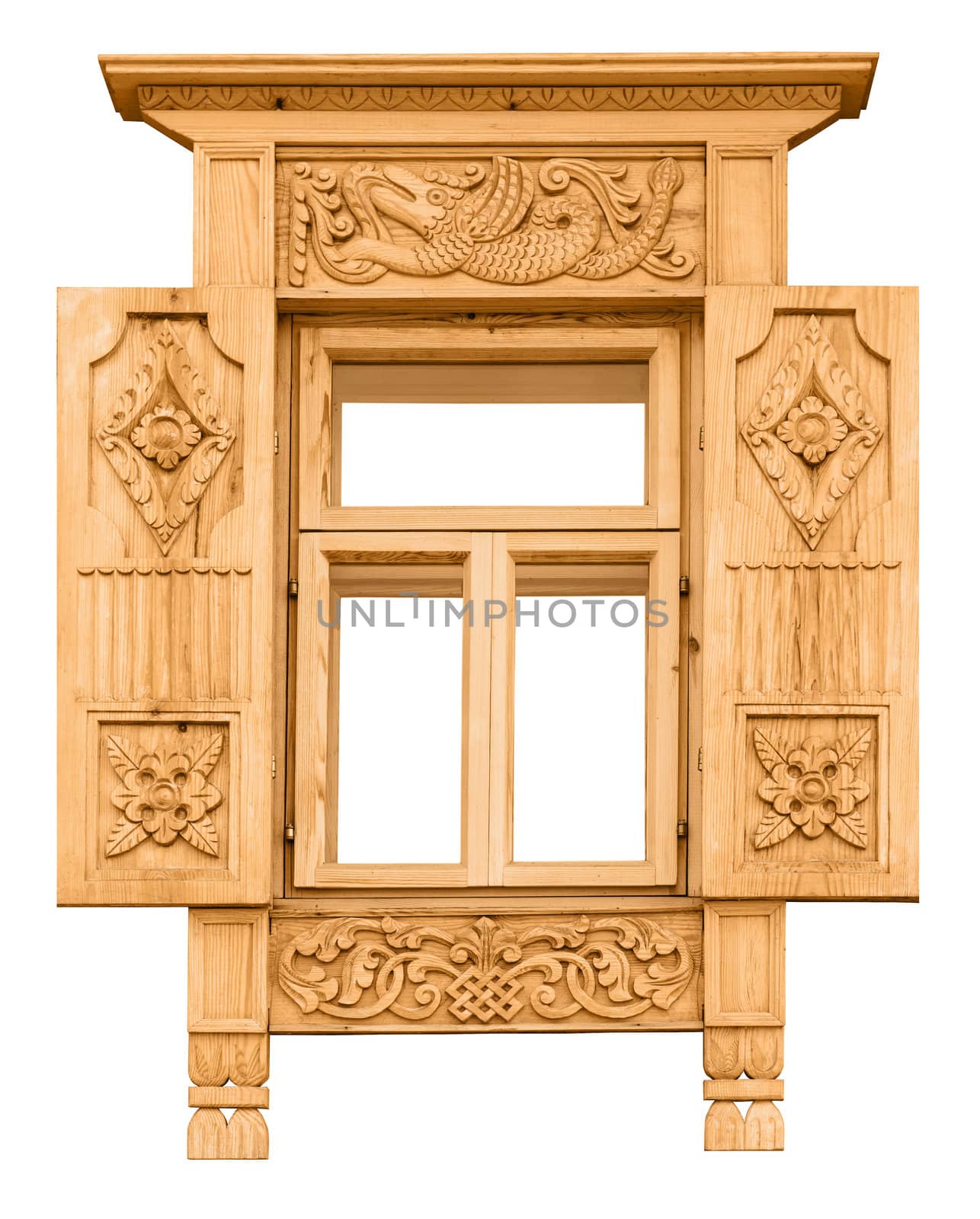 Wooden decorated window isolated on white, Russian traditional architecture.