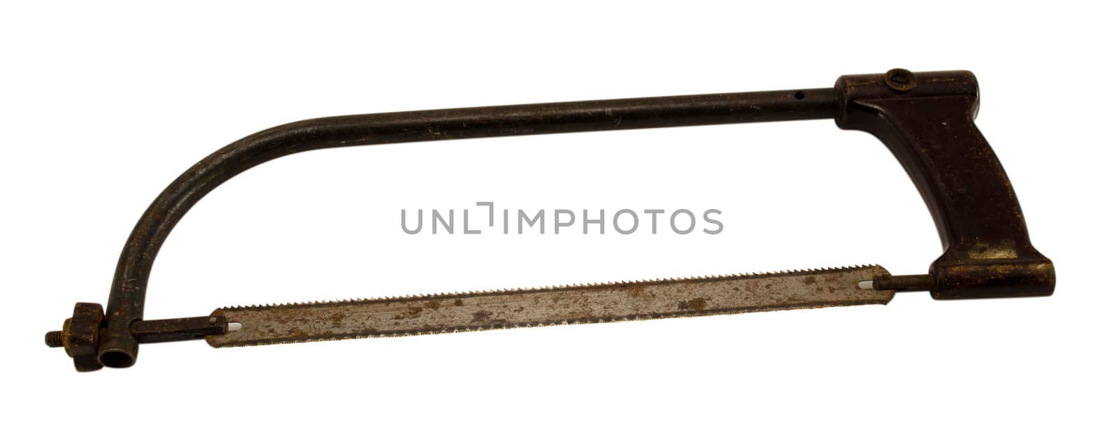 retro rusty hand hacksaw hack saw tool for metal cut isolated on white background