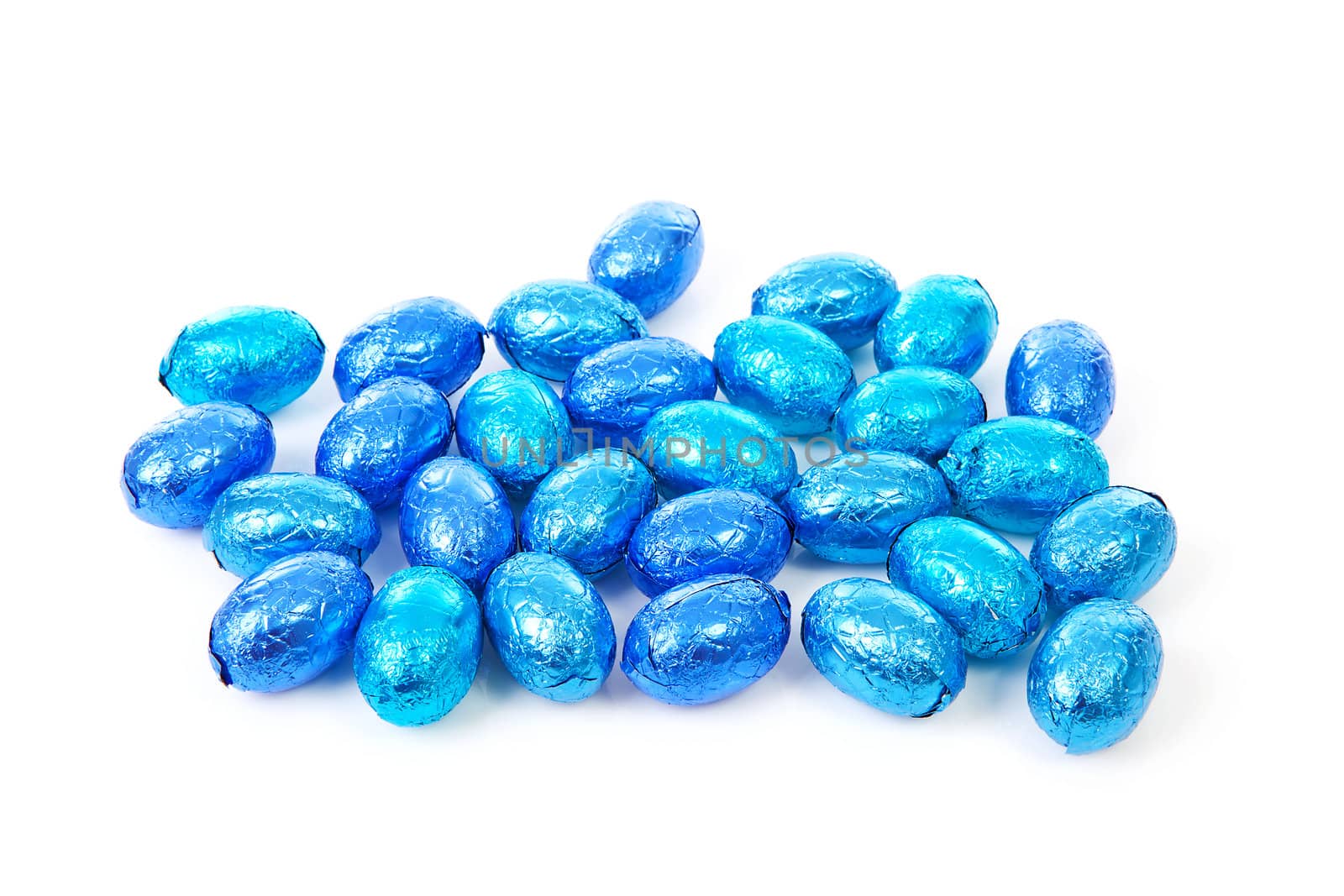blue wrapped easter eggs over white background