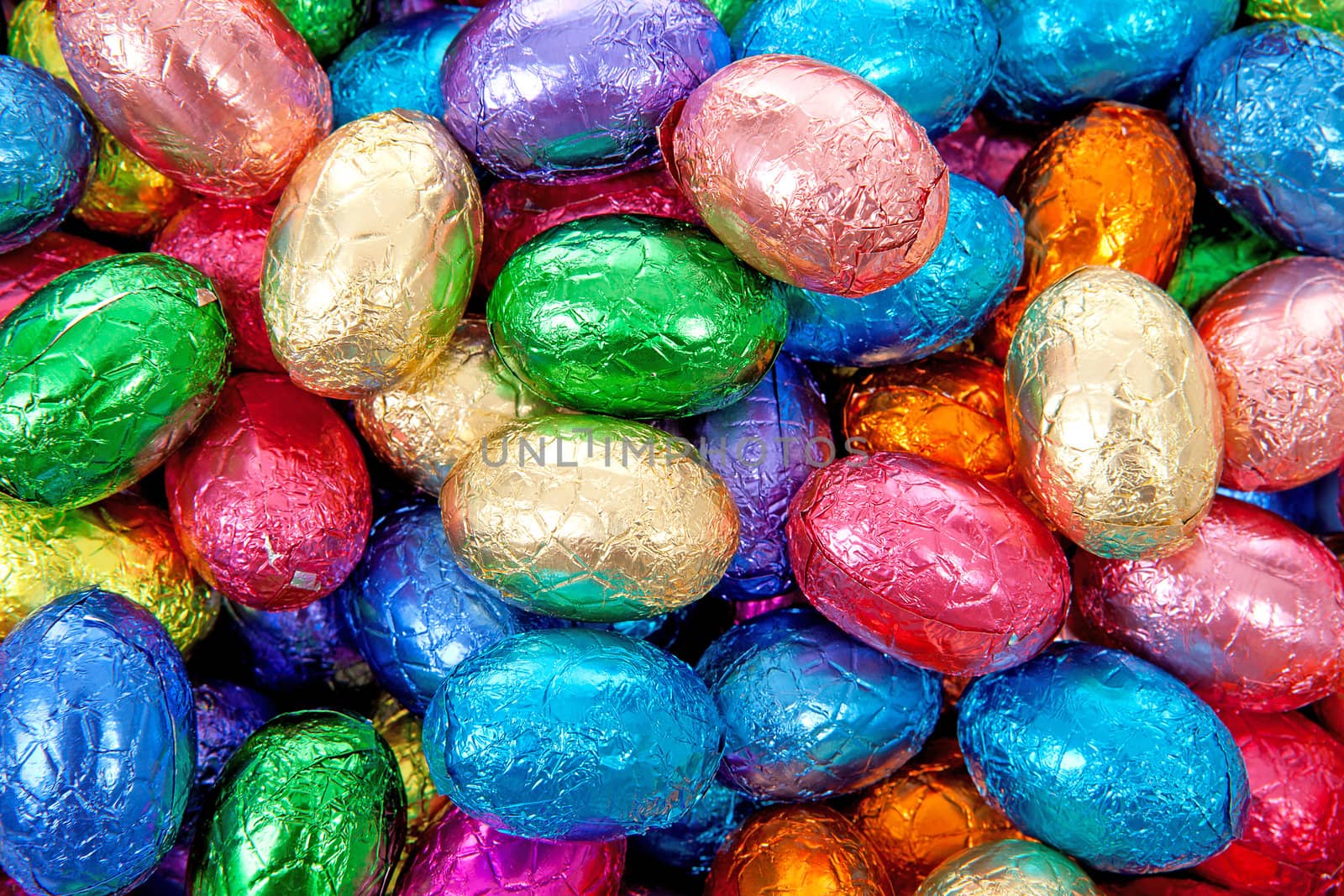 colorful chocolate easter eggs in closeup can be used as background 
