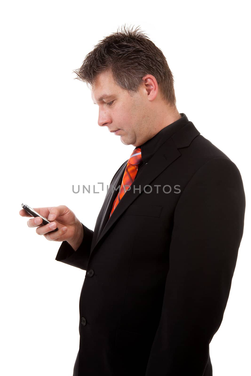 business man with smart phone over white background